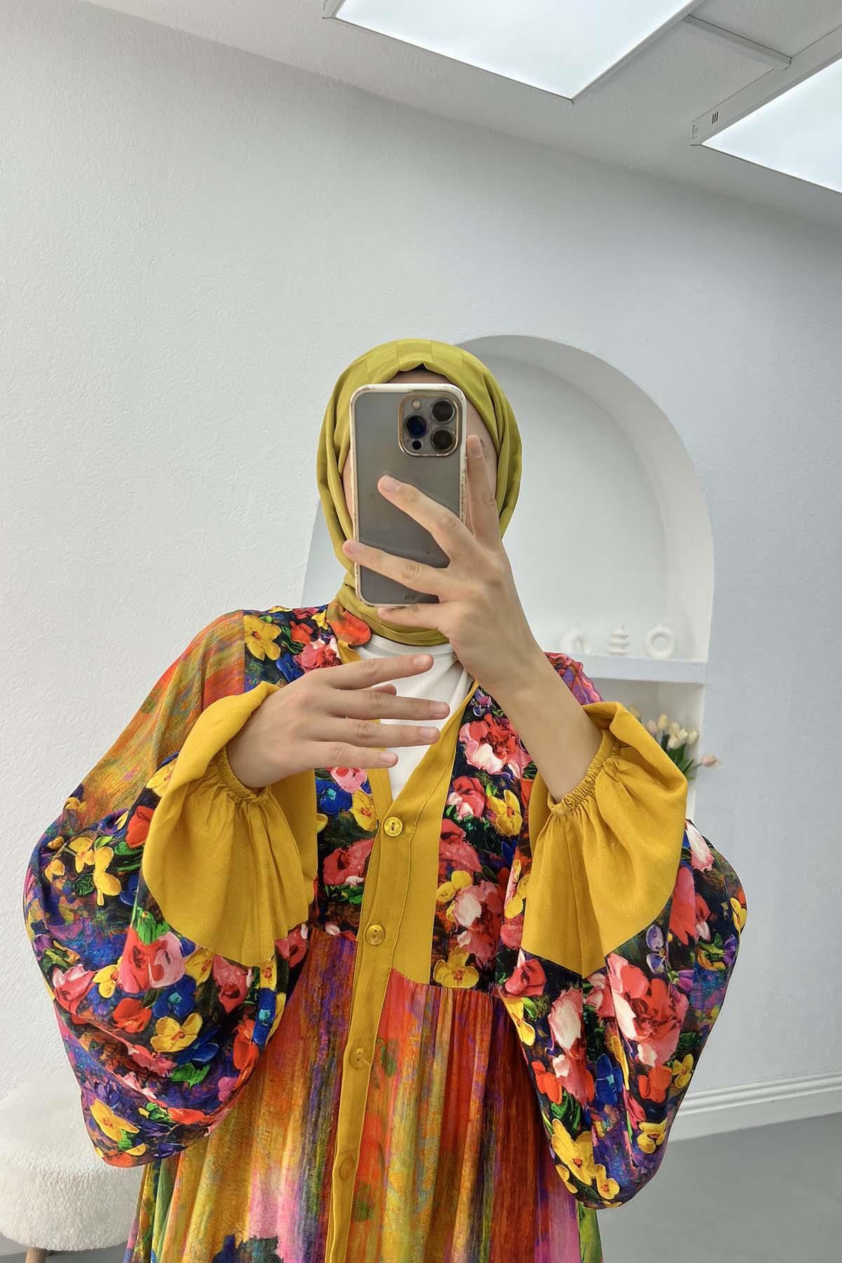 Çiçek Desenli Elbise Fuşya