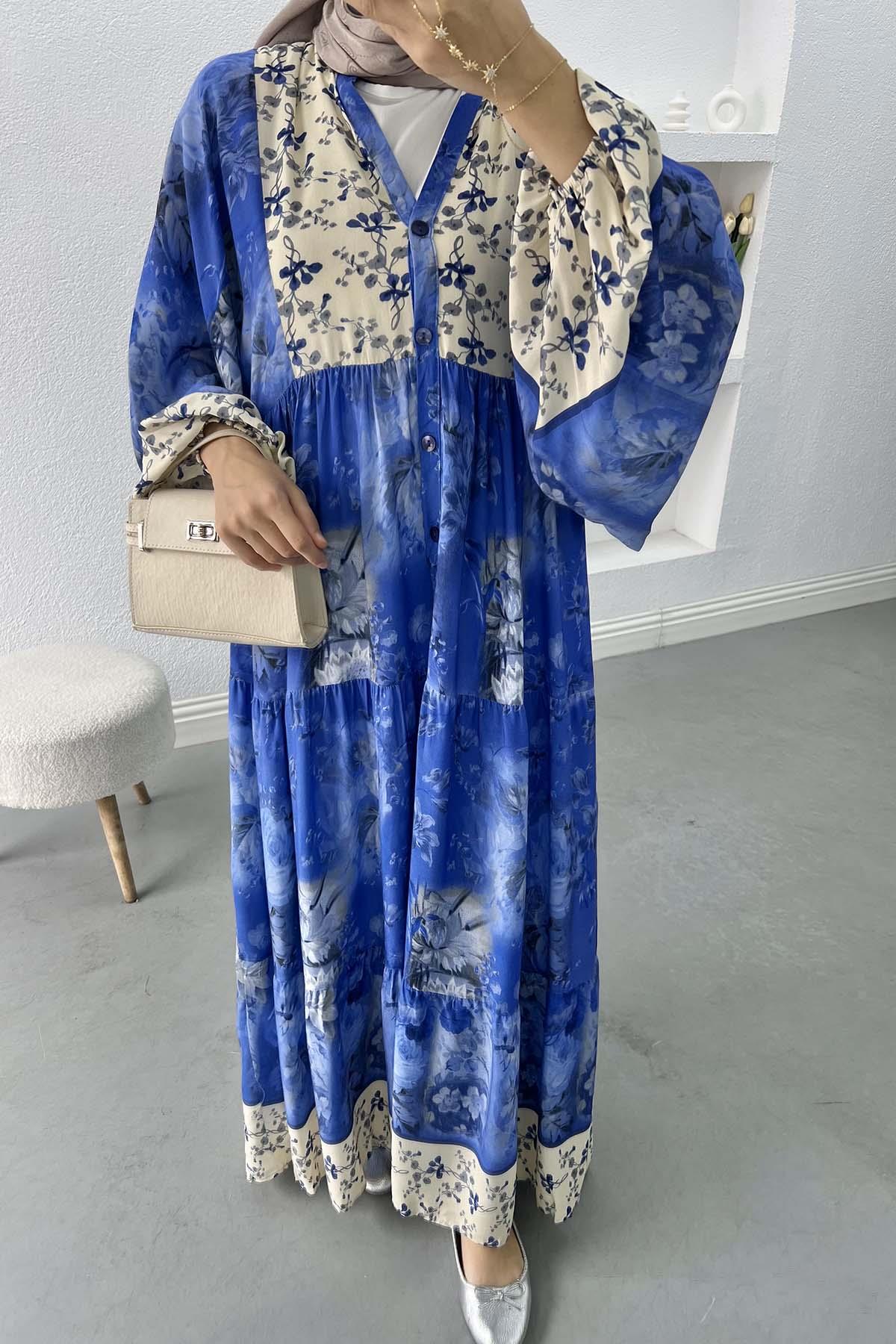 Çiçek Desenli Elbise Mavi