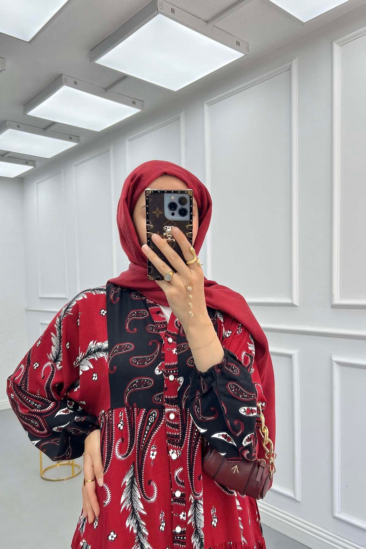 Çiçek Desenli Kolu Lastikli Elbise Bordo