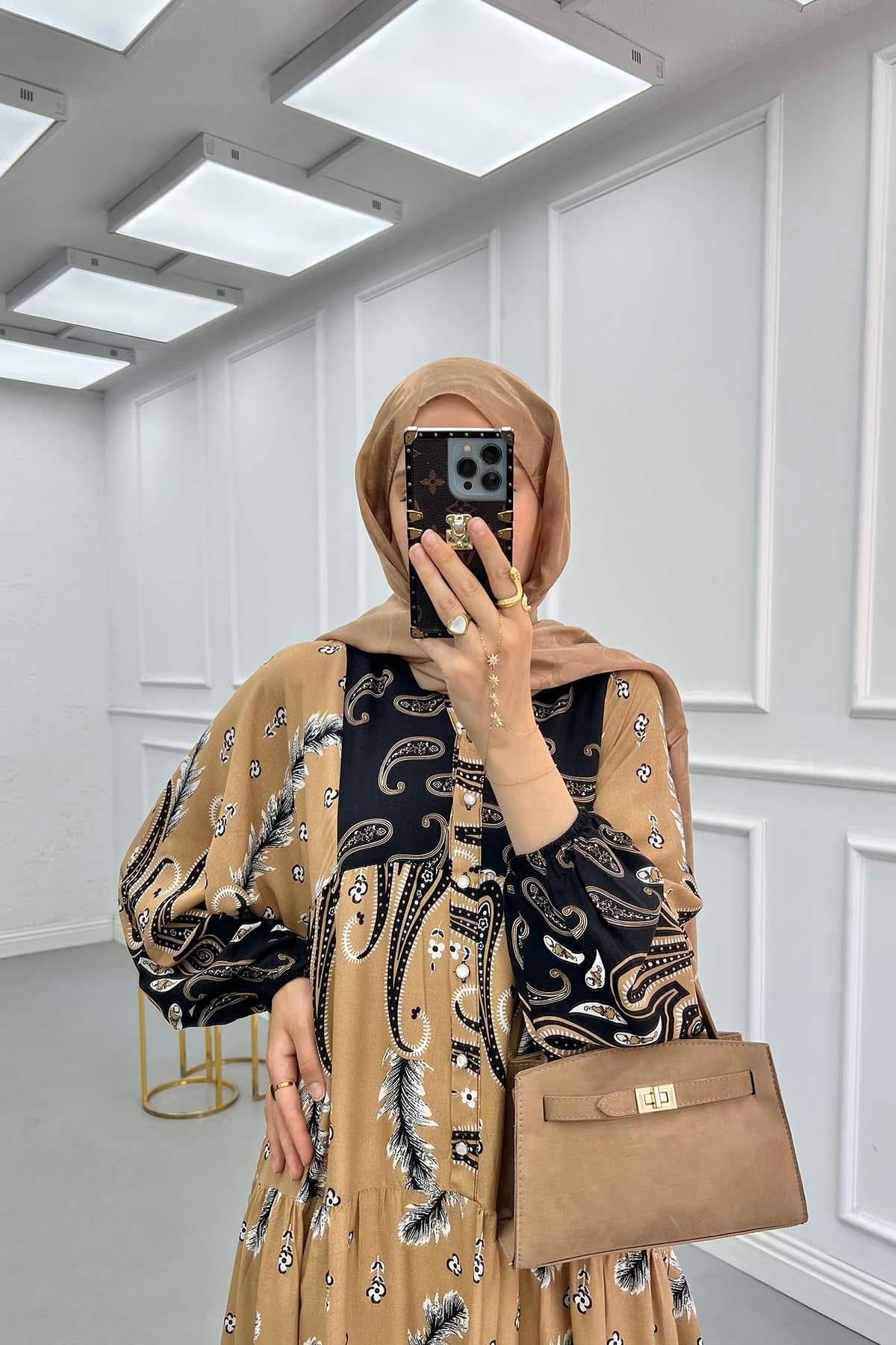Çiçek Desenli Kolu Lastikli Elbise Camel