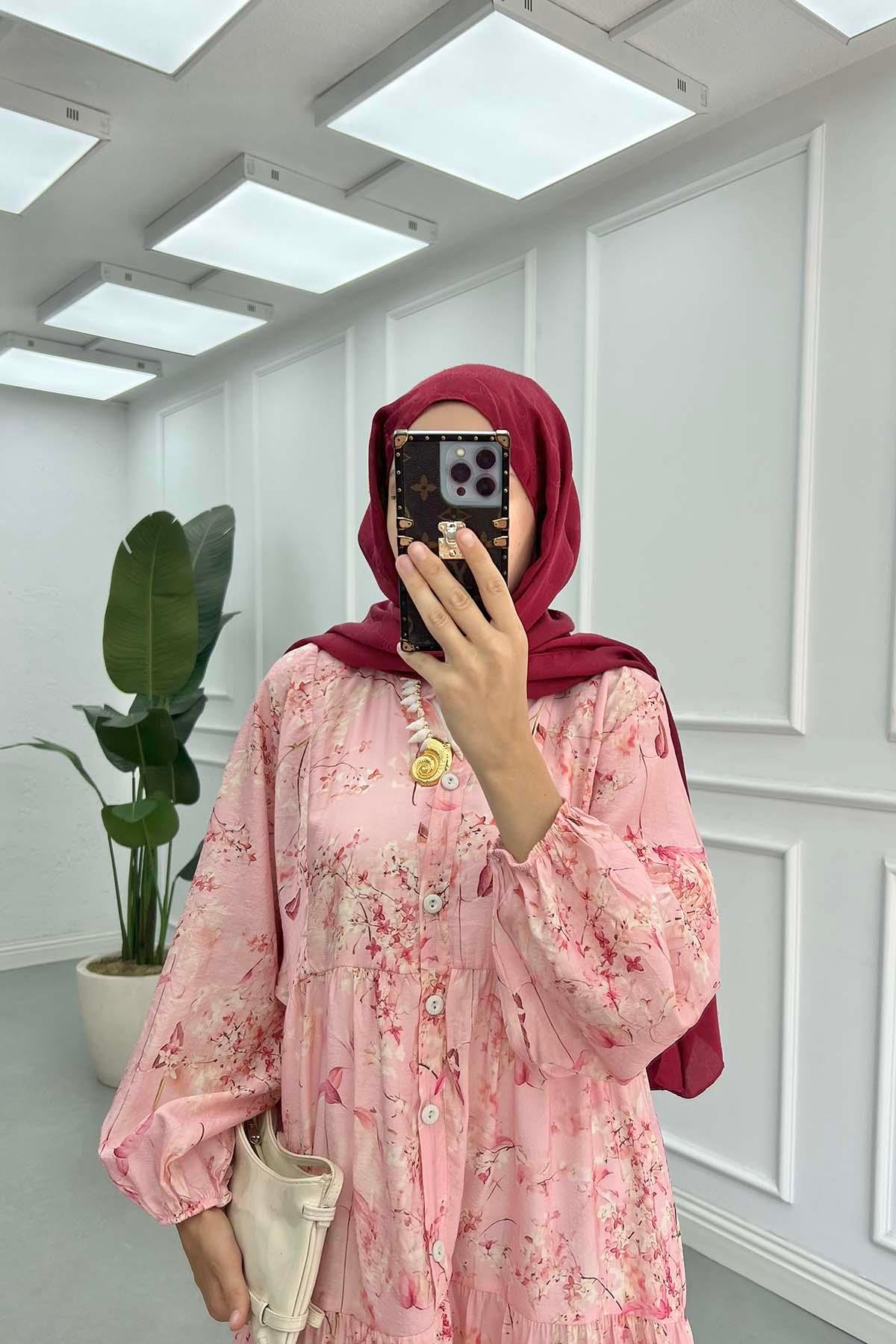 Çiçek Desenli Mango Elbise Pembe