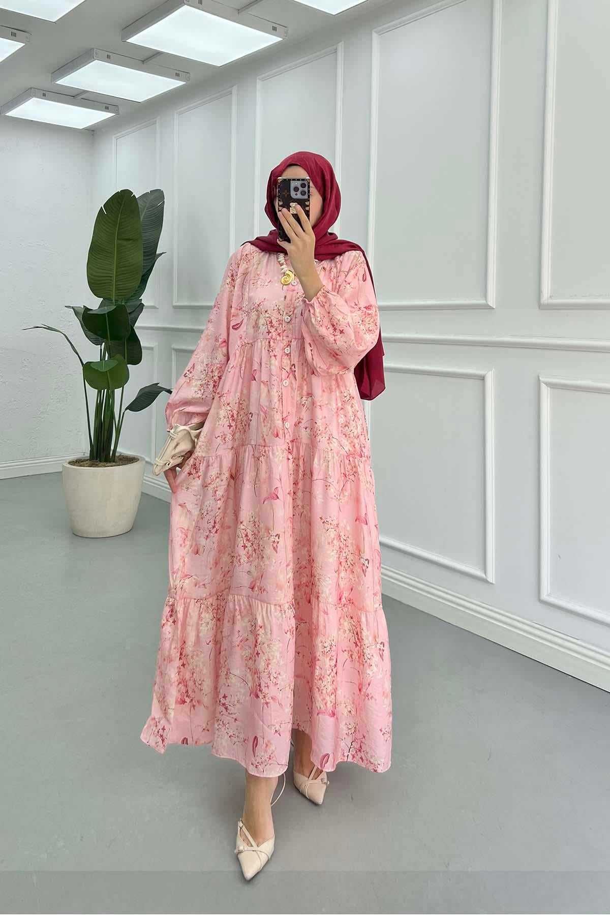 Çiçek Desenli Mango Elbise Pembe