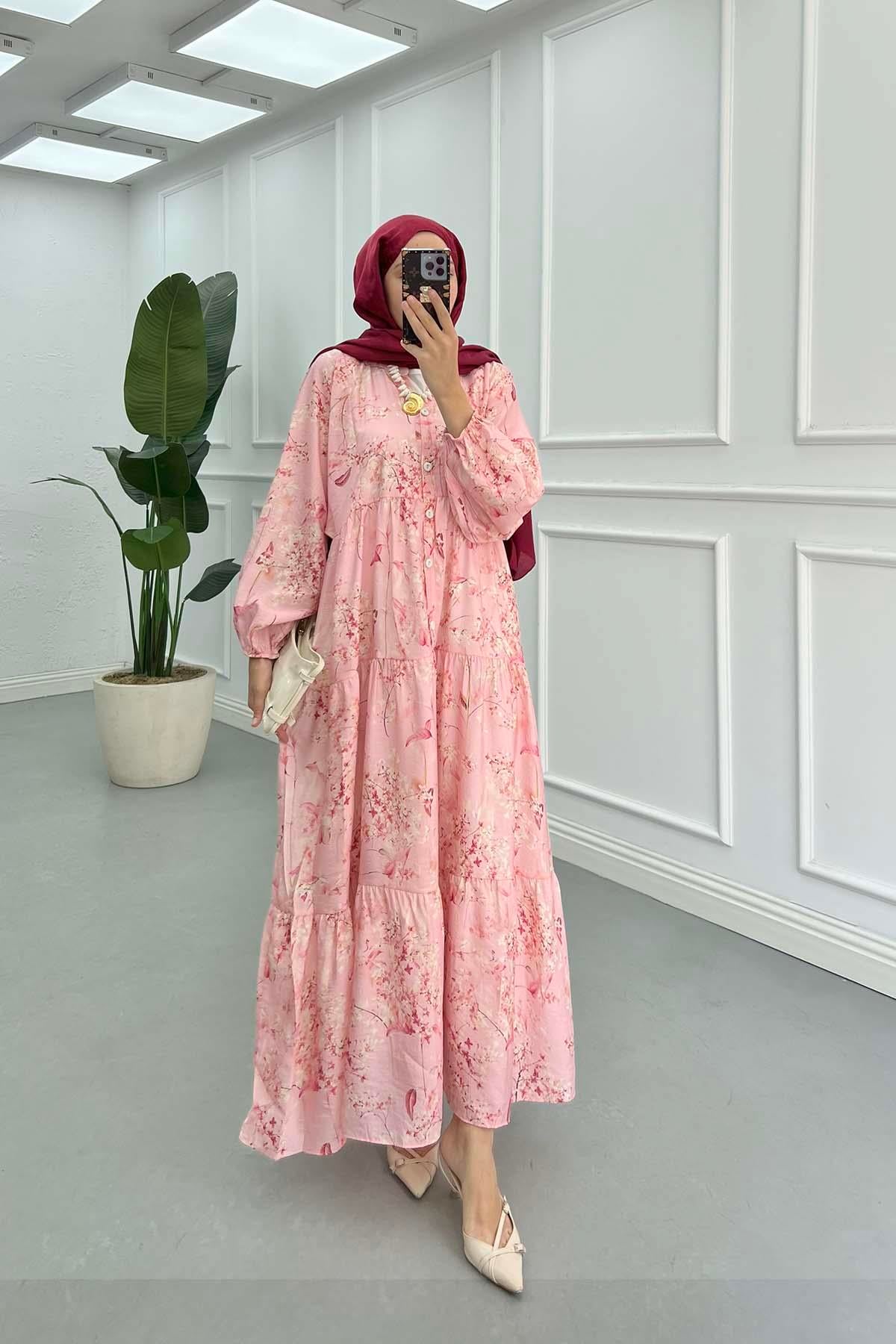 Çiçek Desenli Mango Elbise Pembe