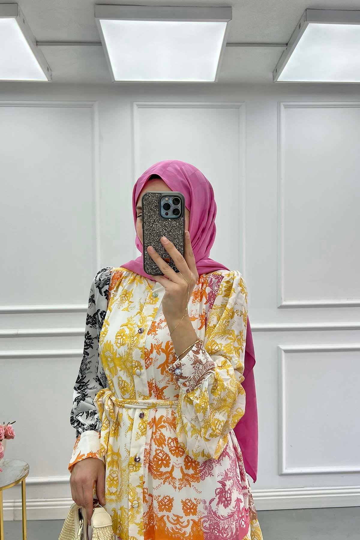 Çiçek Desenli Patchwork Elbise Sarı