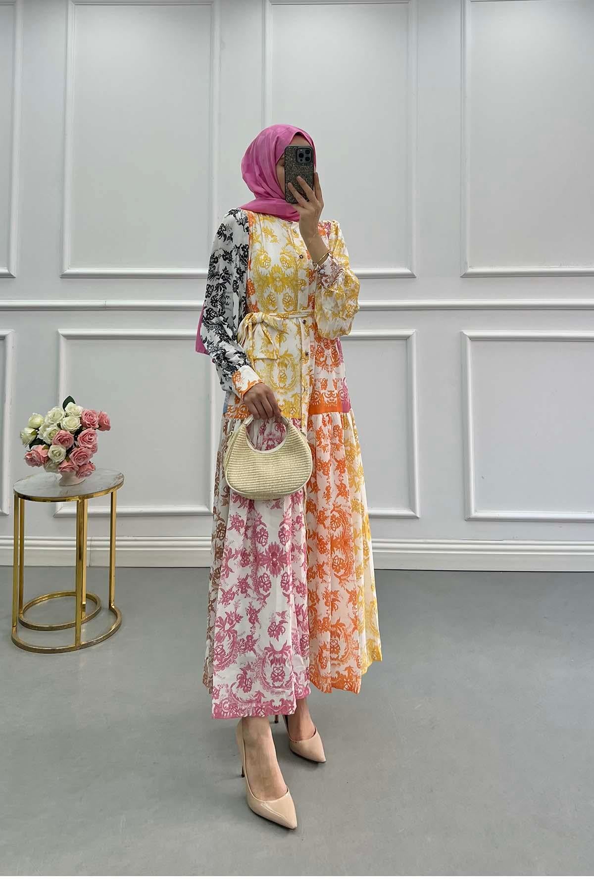 Çiçek Desenli Patchwork Elbise Sarı