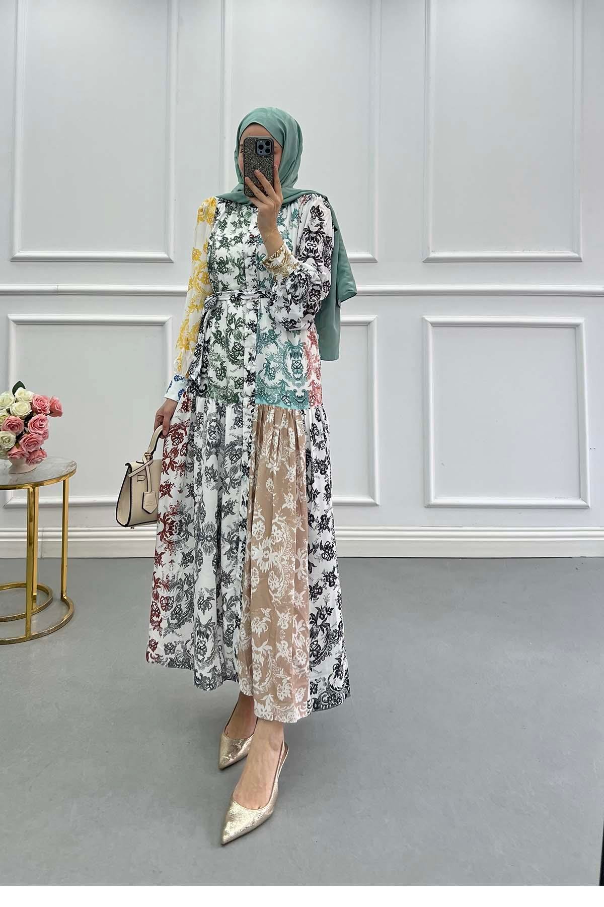 Çiçek Desenli Patchwork Elbise Siyah