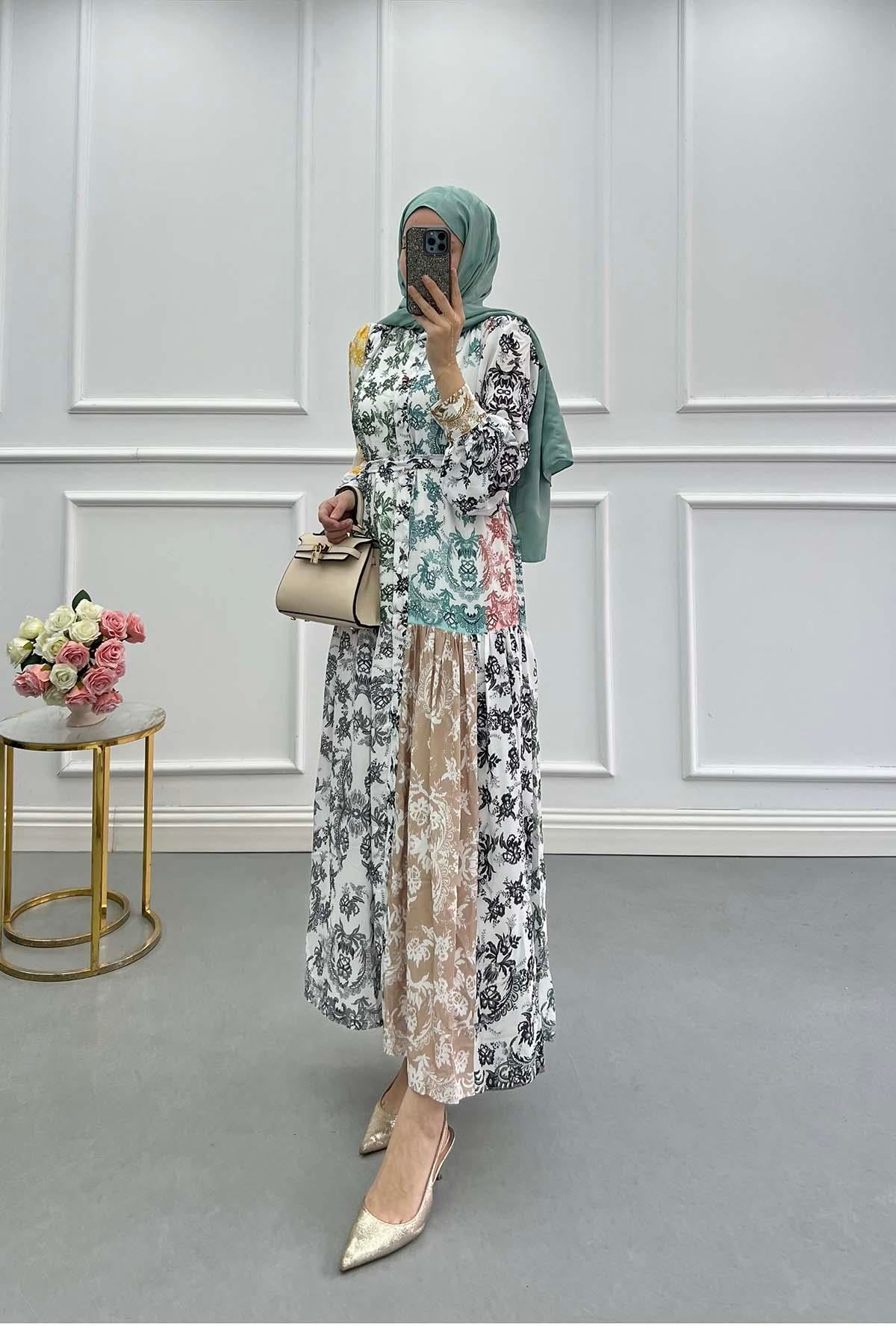 Çiçek Desenli Patchwork Elbise Siyah