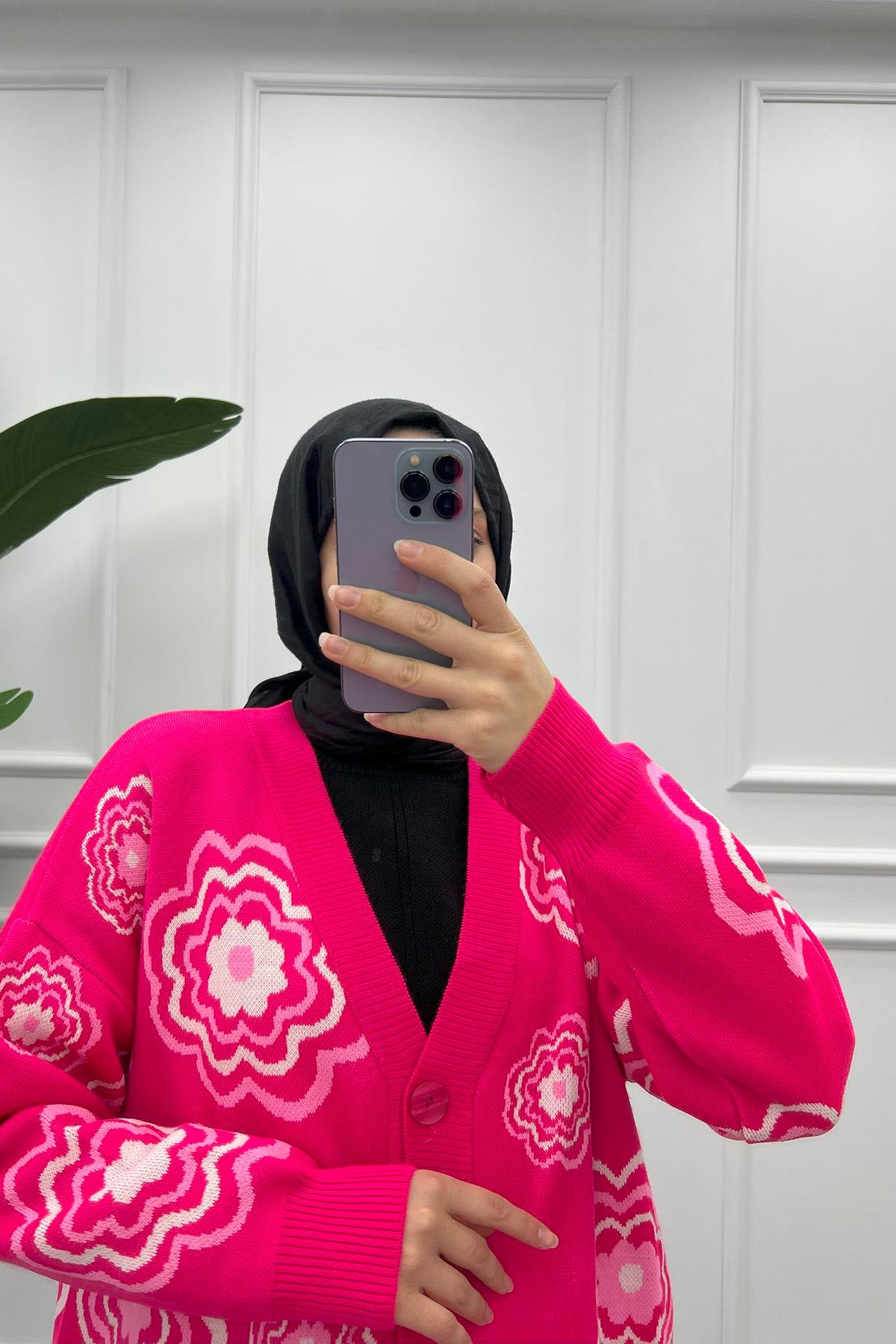 Çiçek Desenli Triko Hırka Pembe