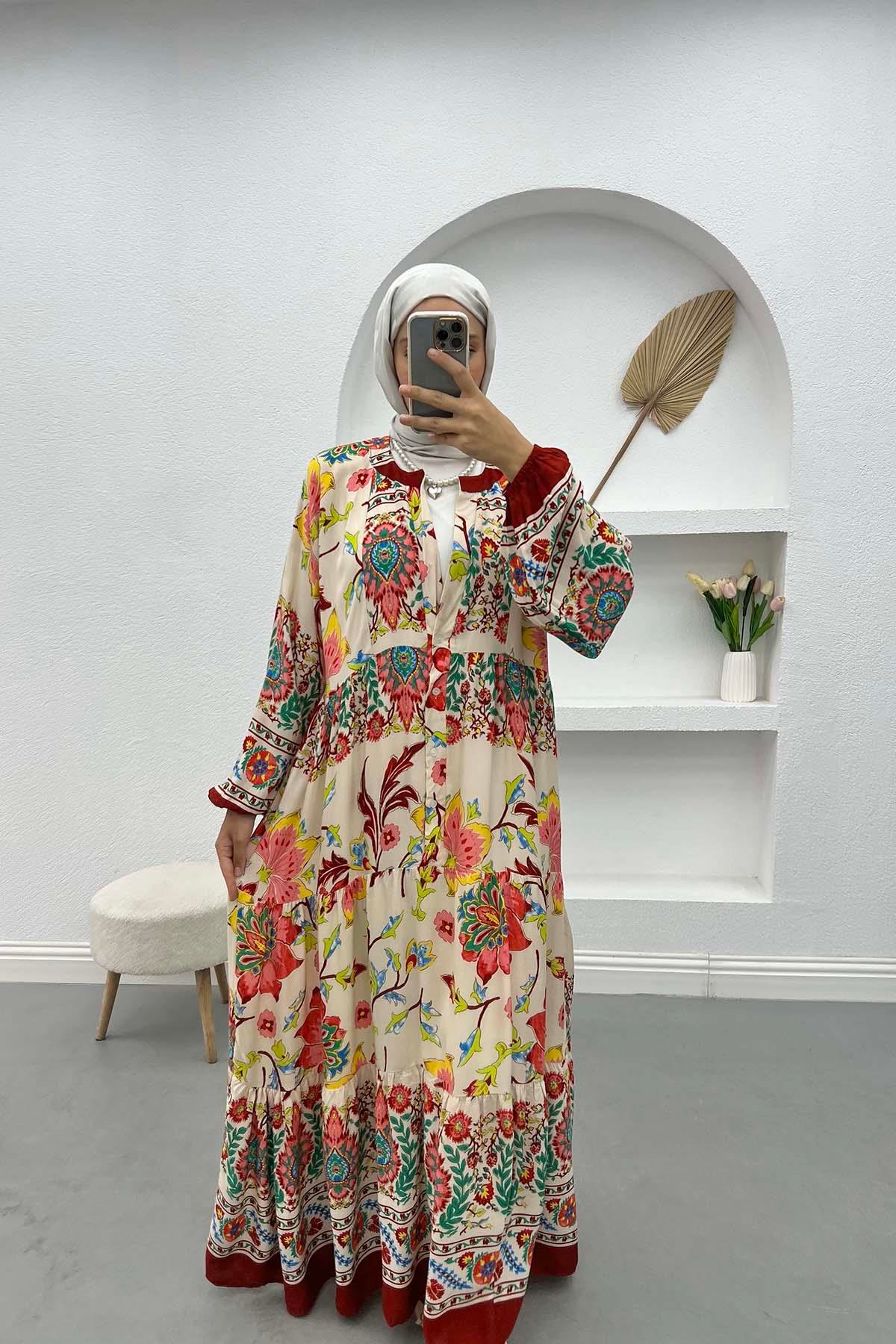 Çiçek Desenli Viskon Elbise Pembe