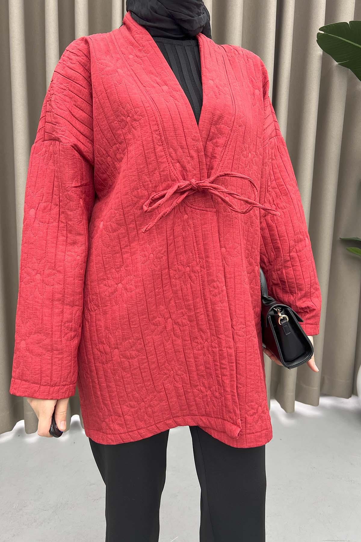 Çiçek İşlemeli Bağlamalı Kimono Kırmızı