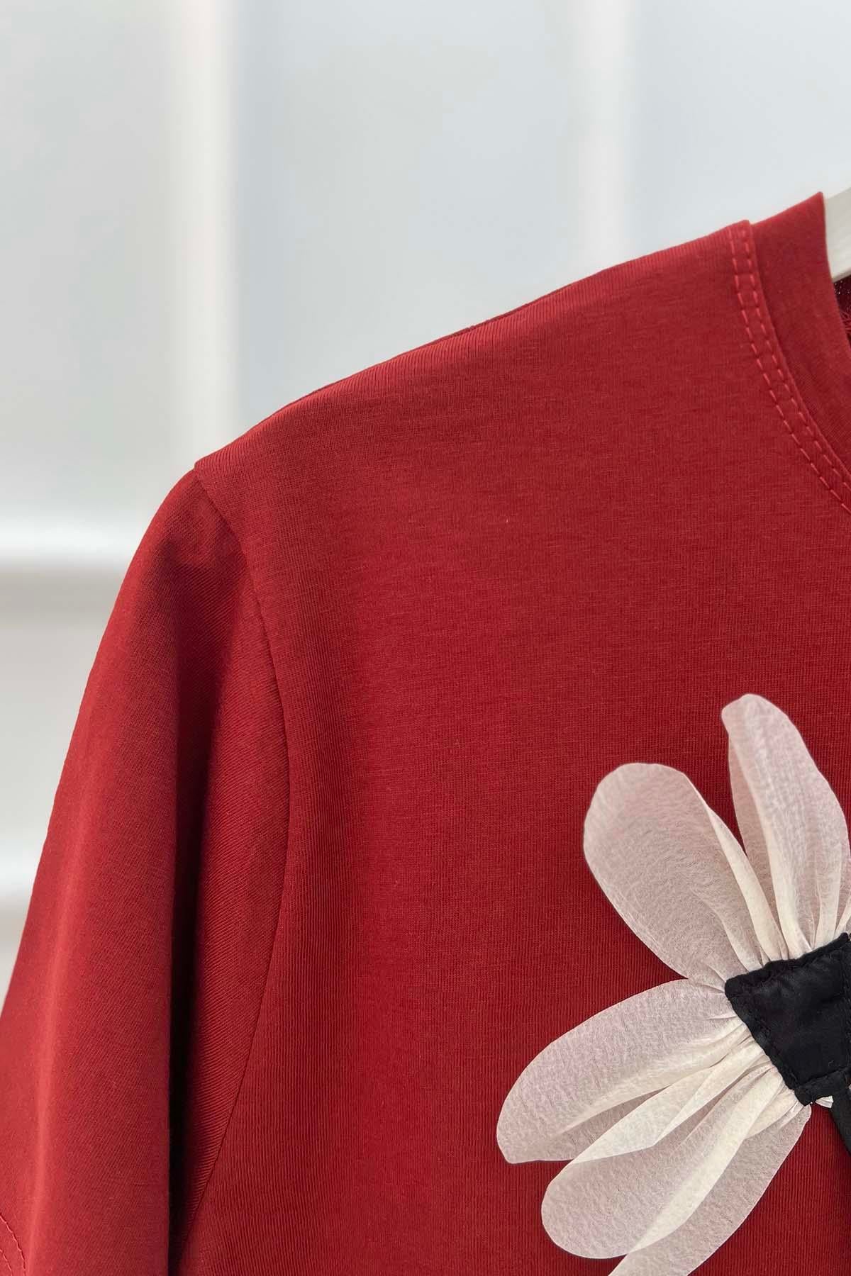 Çiçek Motifli Tshirt Bordo