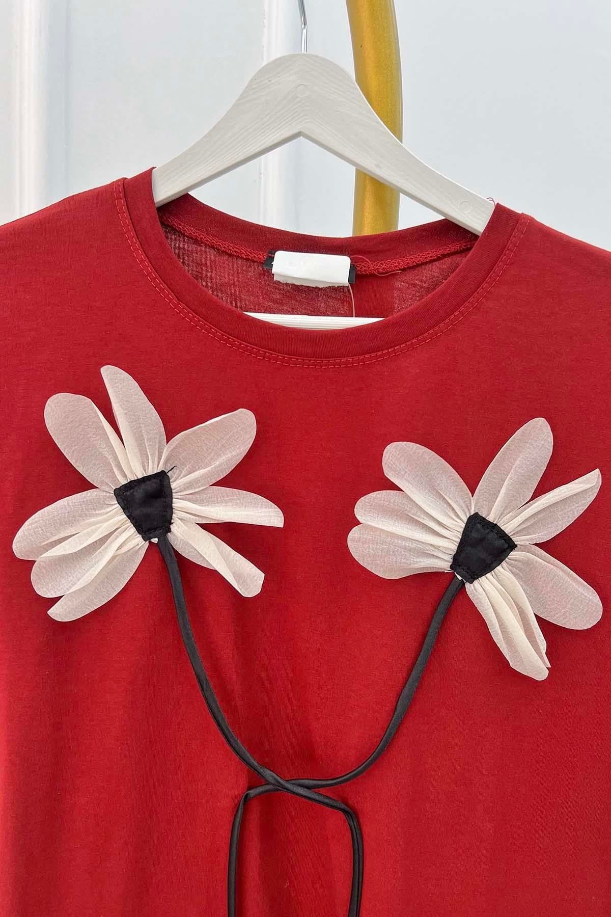 Çiçek Motifli Tshirt Bordo