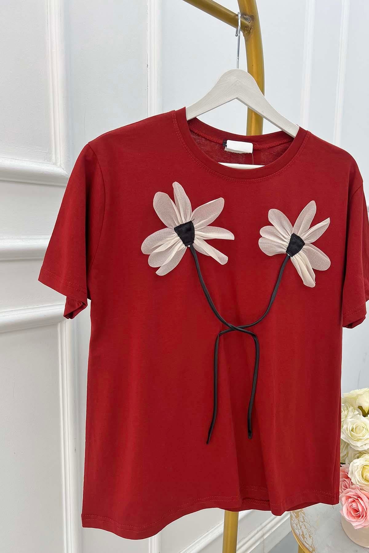 Çiçek Motifli Tshirt Bordo