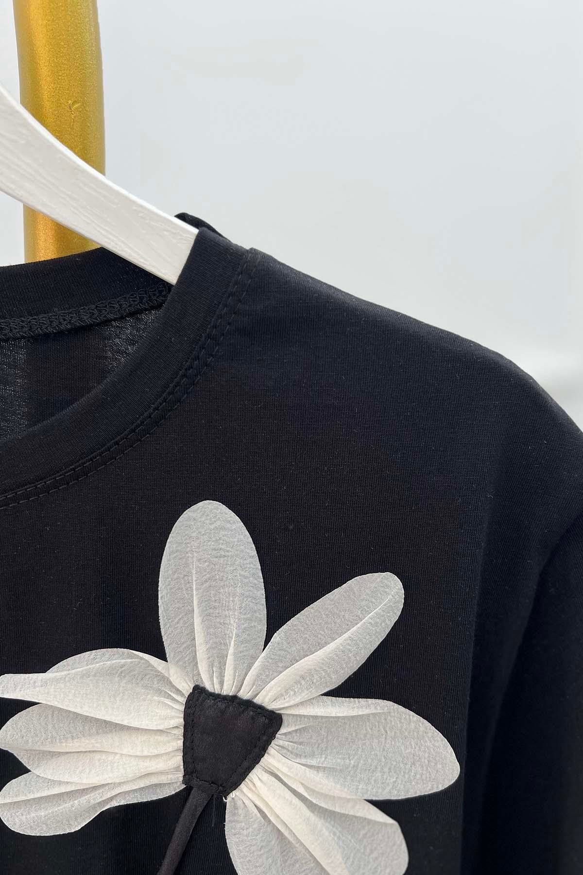 Çiçek Motifli Tshirt Siyah