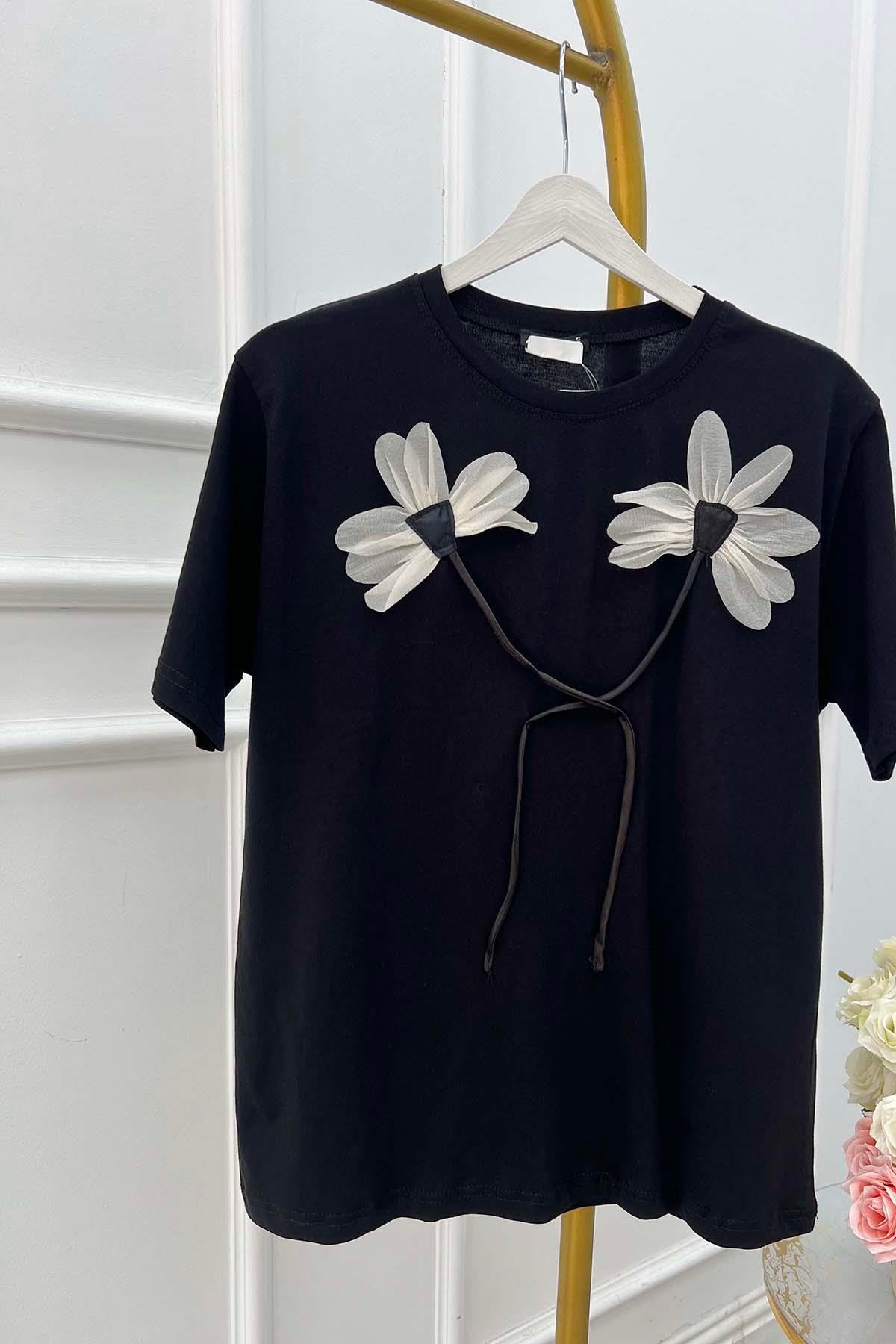 Çiçek Motifli Tshirt Siyah