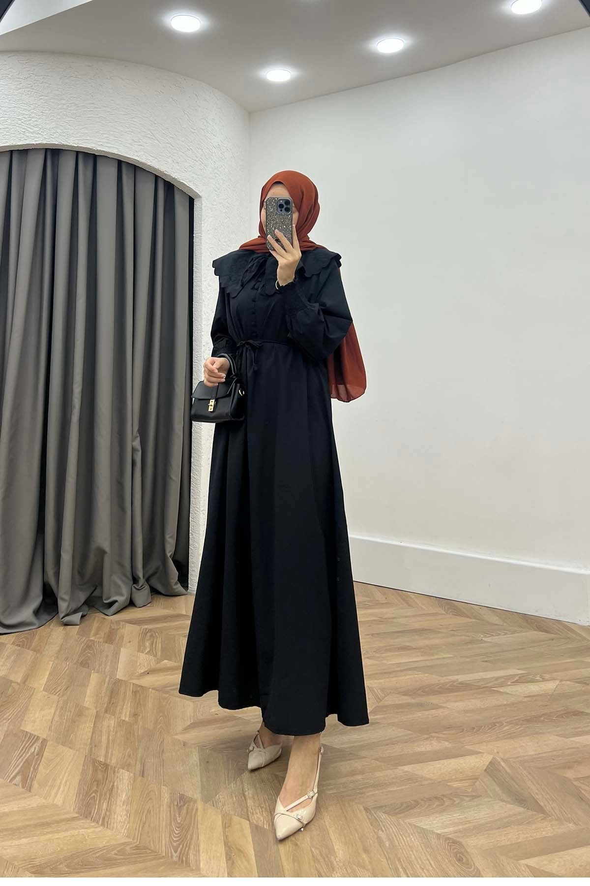 Çiçek Nakışlı Bebe Yaka Vintage Elbise Siyah