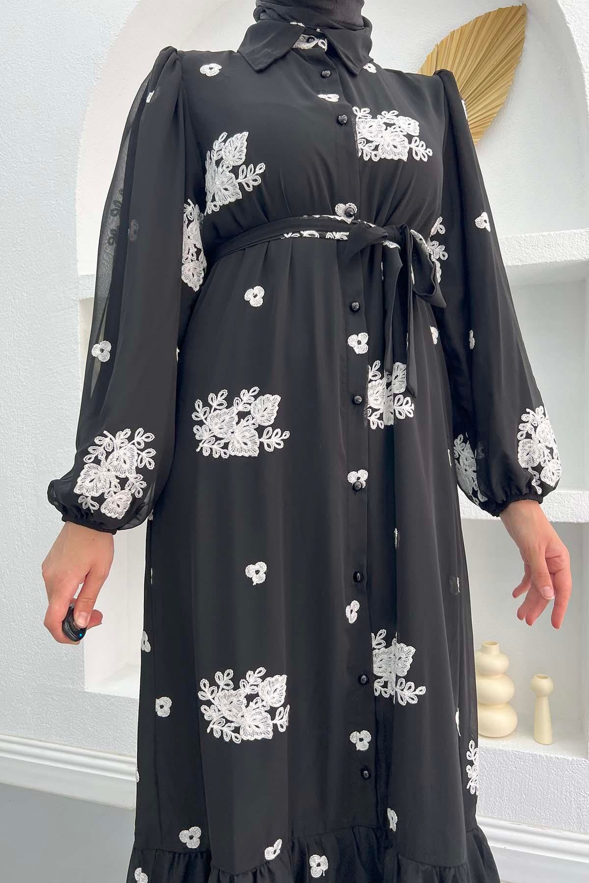 Çiçek Nakışlı Elbise Siyah