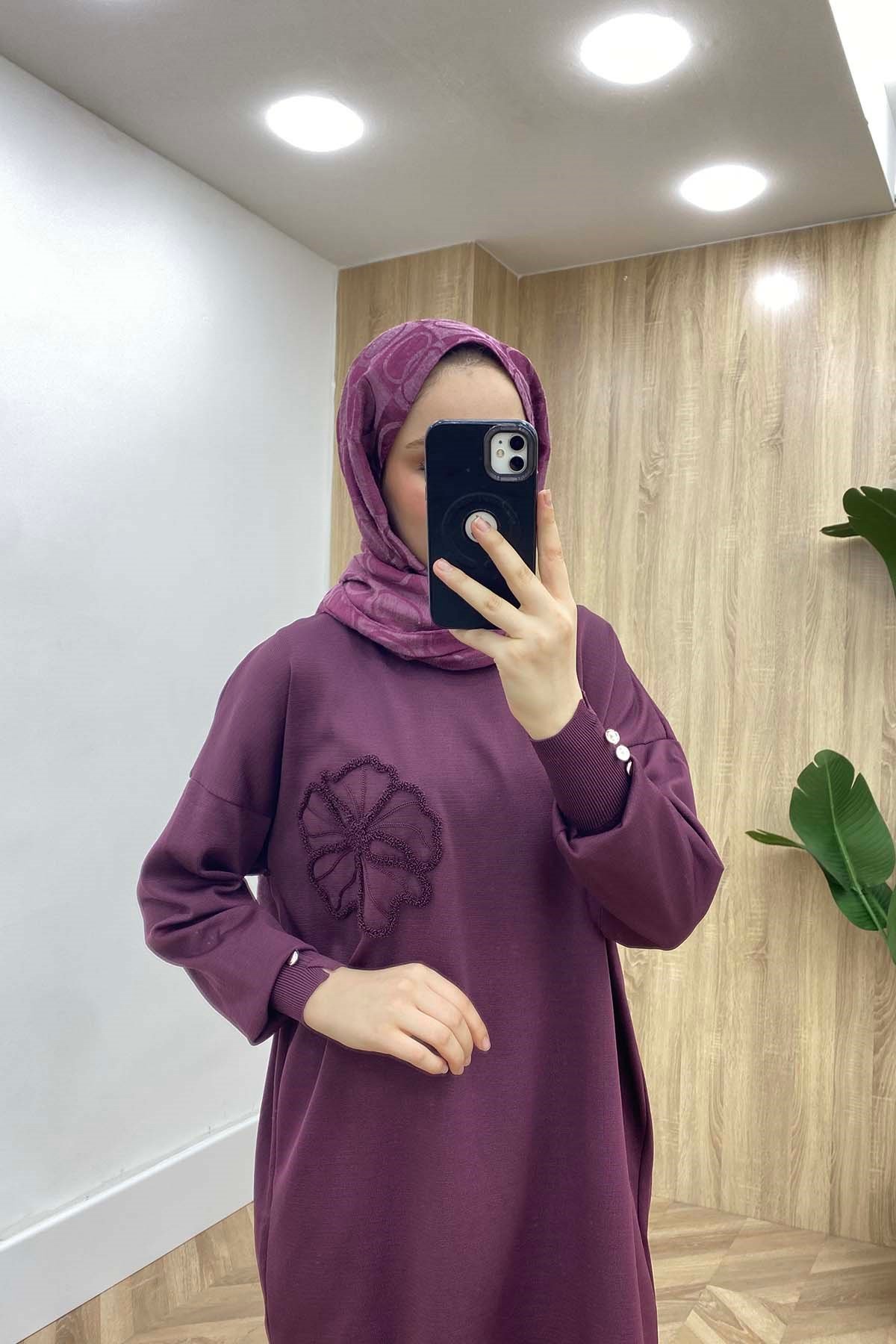 Çiçek Nakışlı Triko Tunik Mürdüm