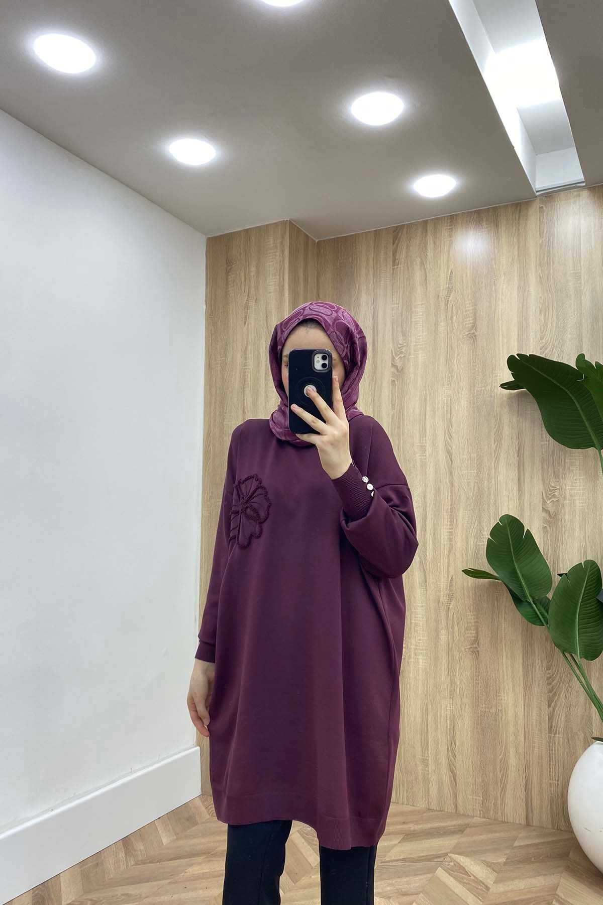 Çiçek Nakışlı Triko Tunik Mürdüm