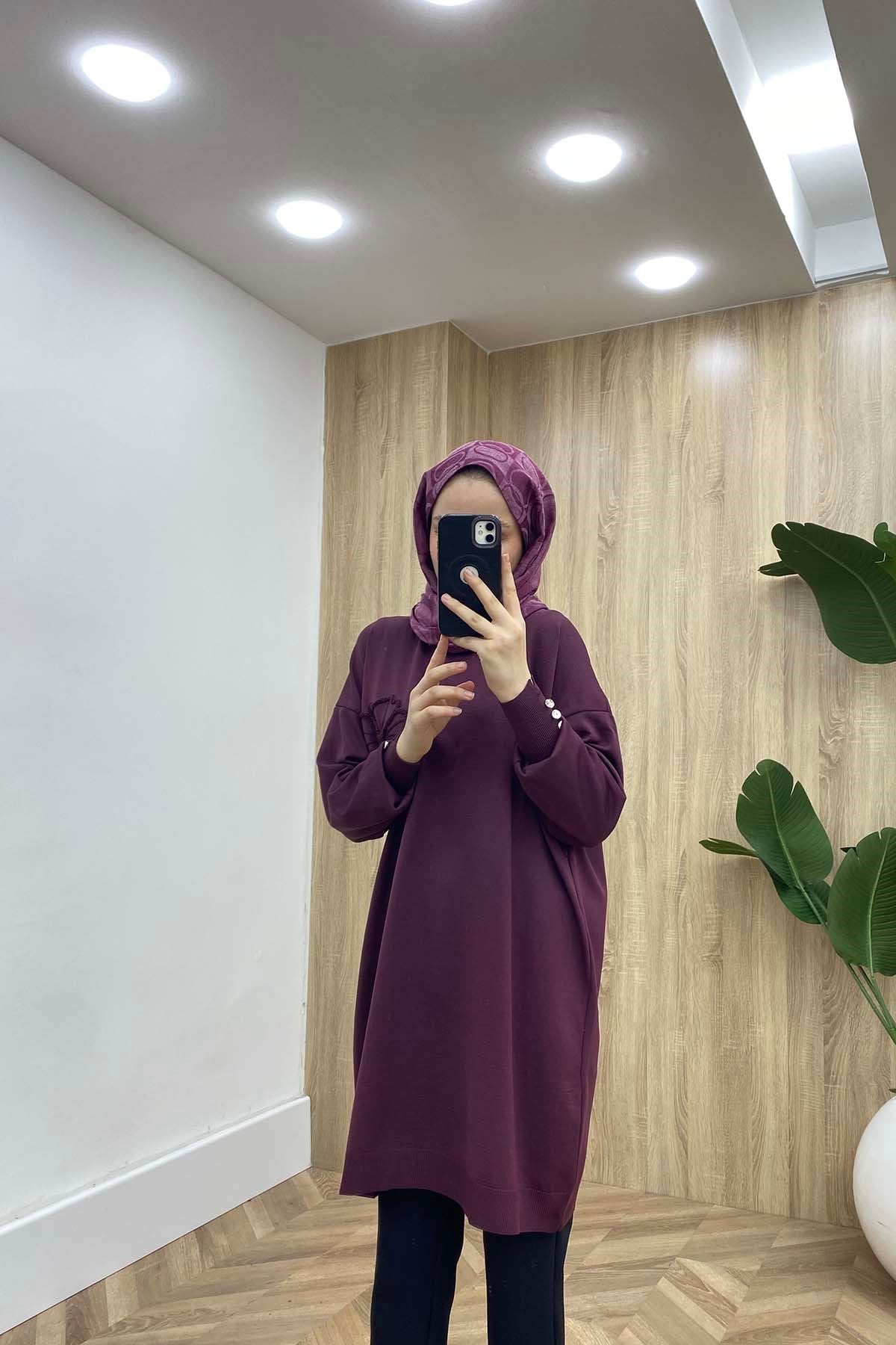 Çiçek Nakışlı Triko Tunik Mürdüm