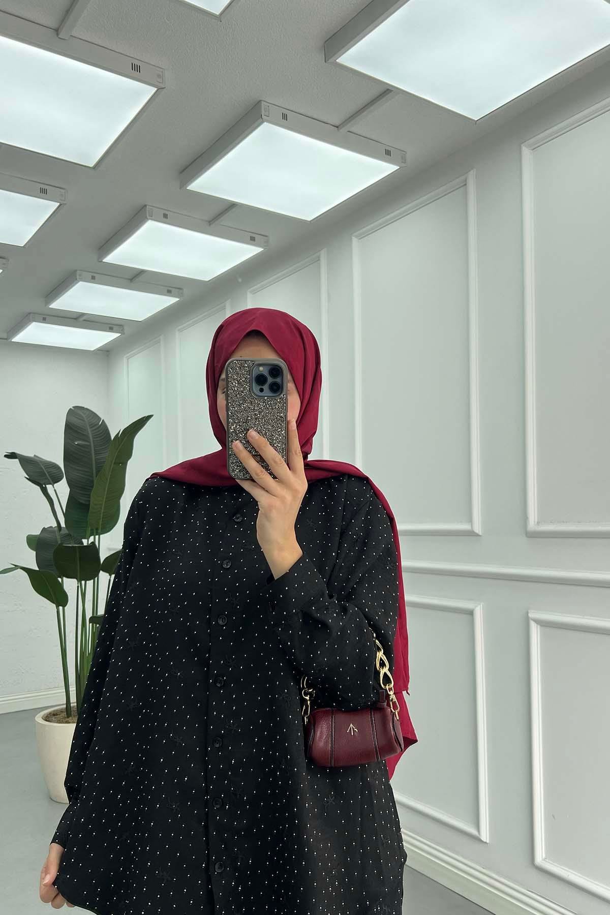 Çiçek Nakışlı Yıldız Işıltısı Takım Siyah