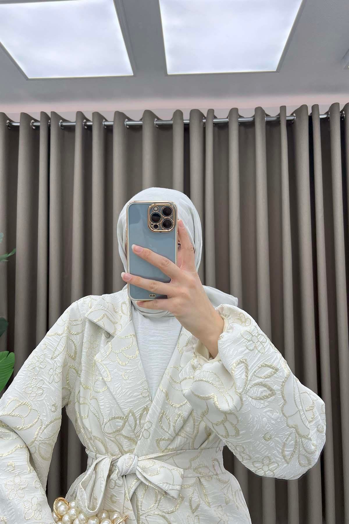 Çiçek Simli Kimono Ekru