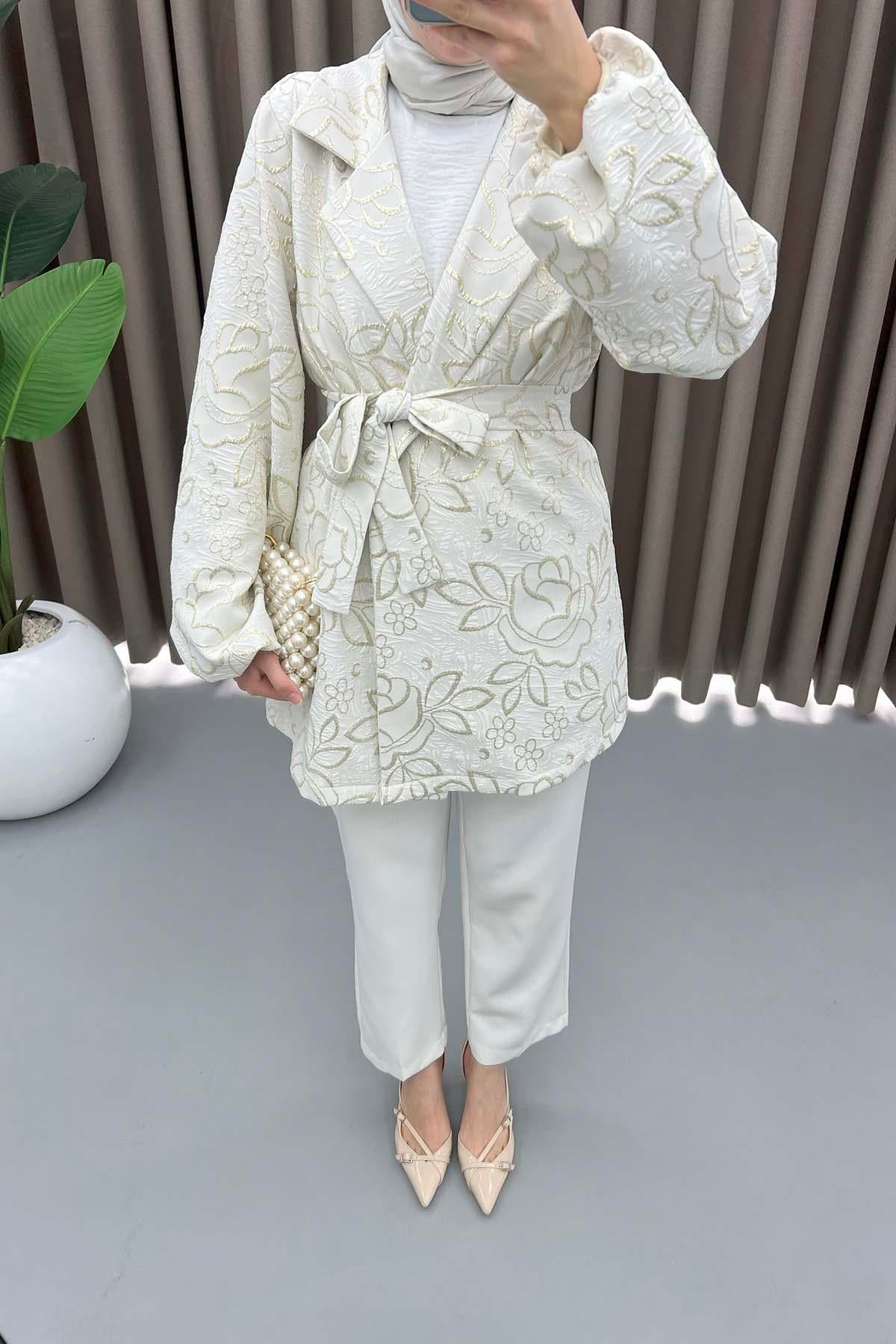 Çiçek Simli Kimono Ekru