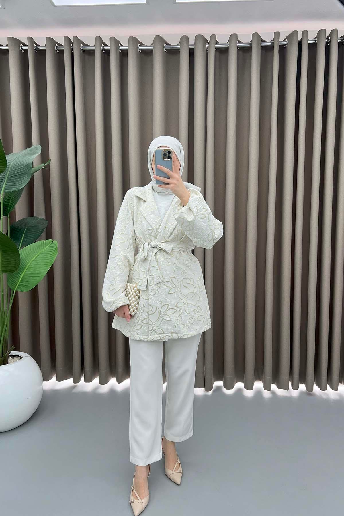 Çiçek Simli Kimono Ekru