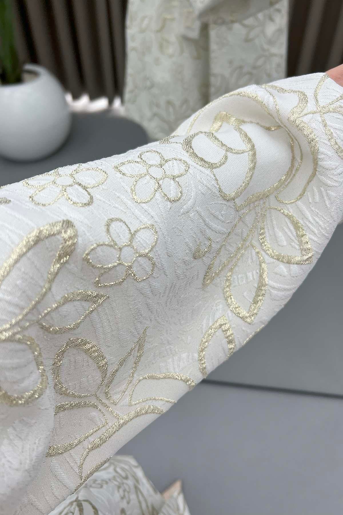 Çiçek Simli Kimono Ekru