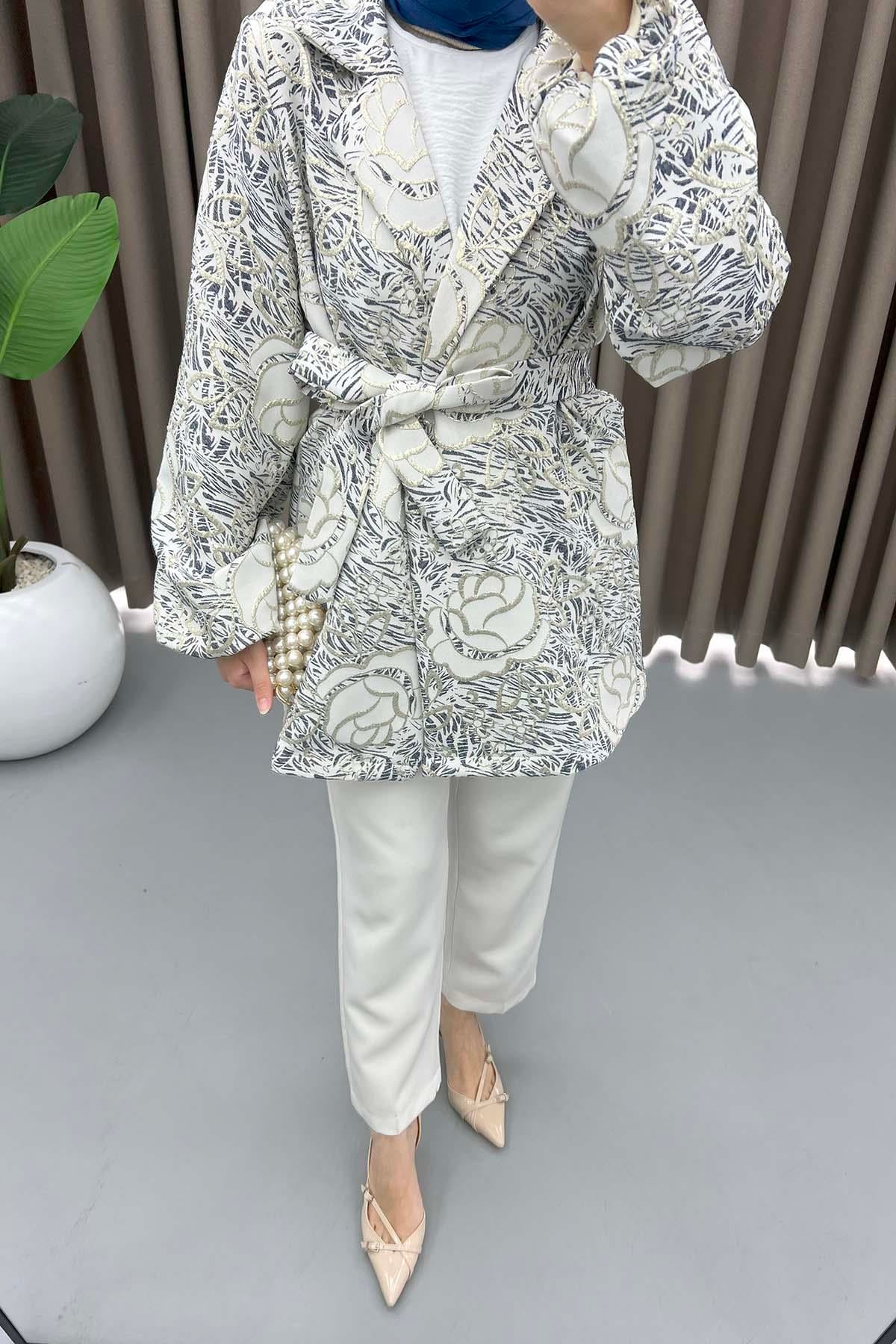 Çiçek Simli Kimono Lacivert
