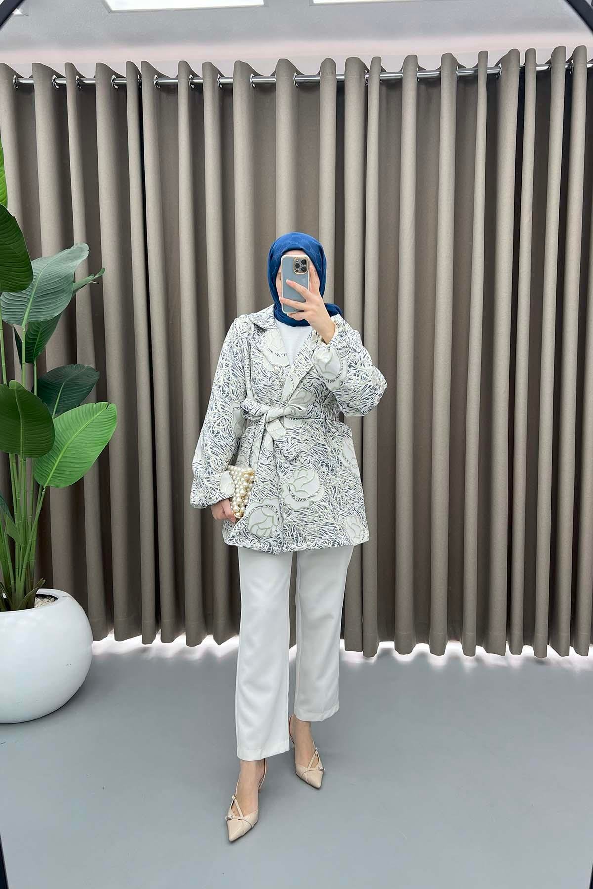 Çiçek Simli Kimono Lacivert
