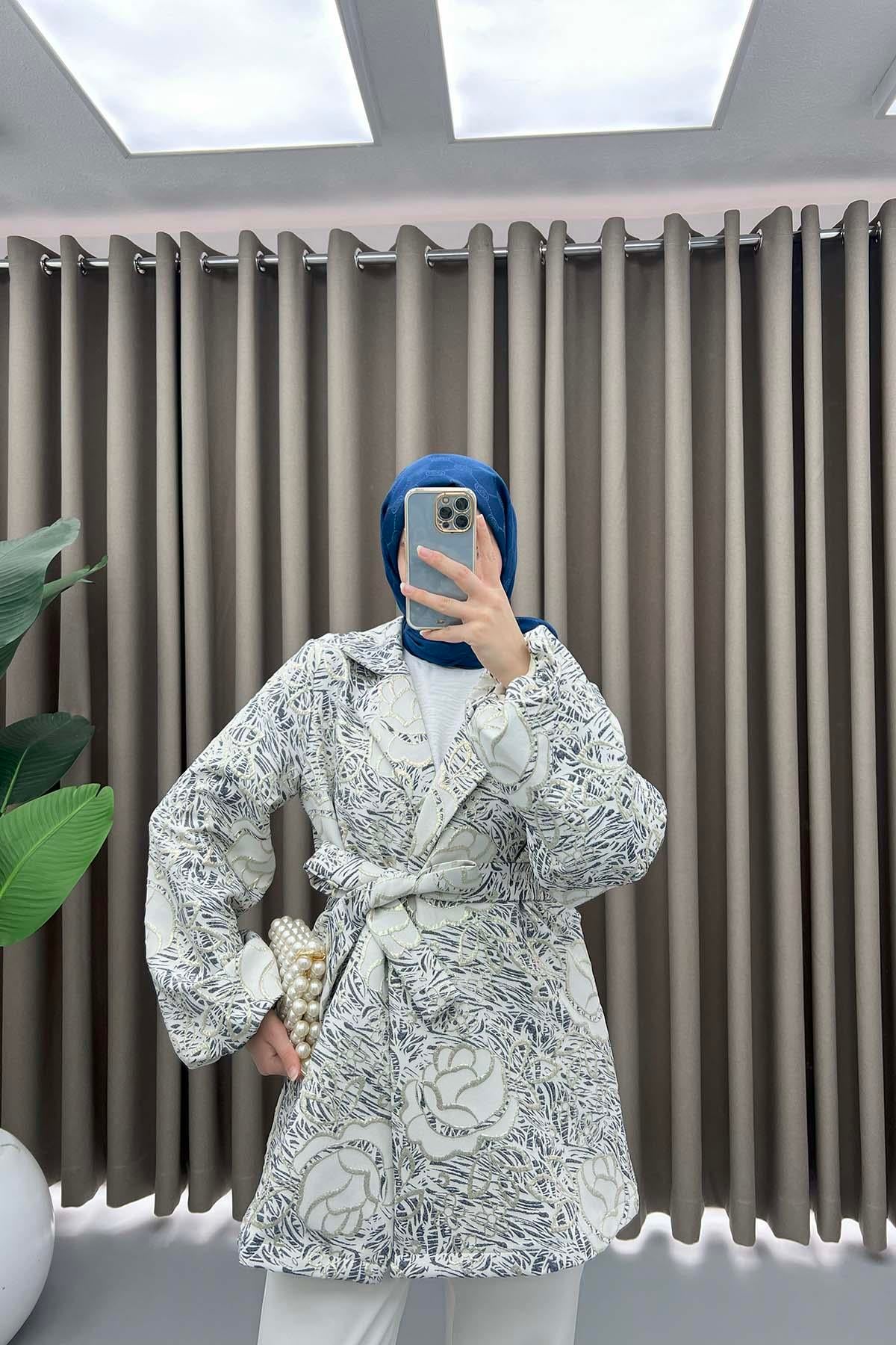 Çiçek Simli Kimono Lacivert