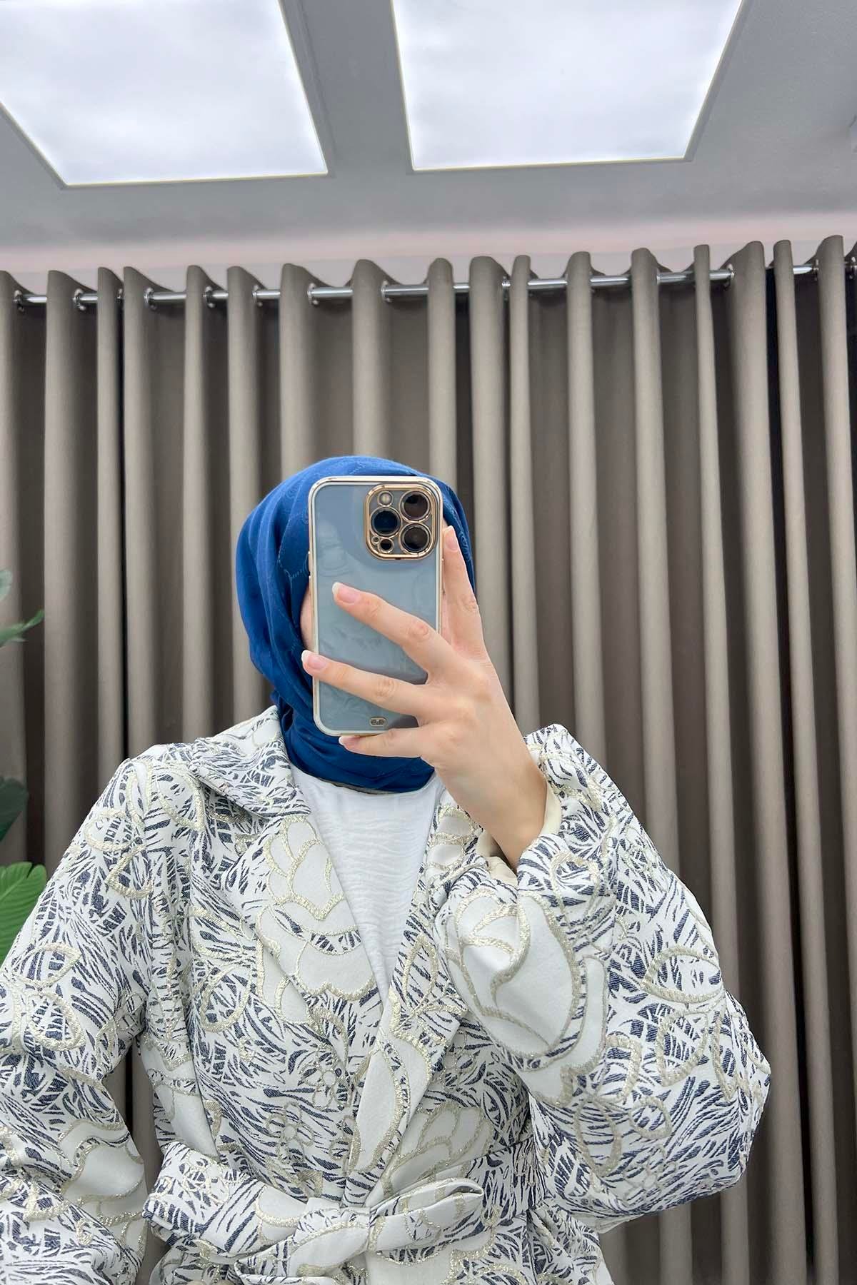 Çiçek Simli Kimono Lacivert
