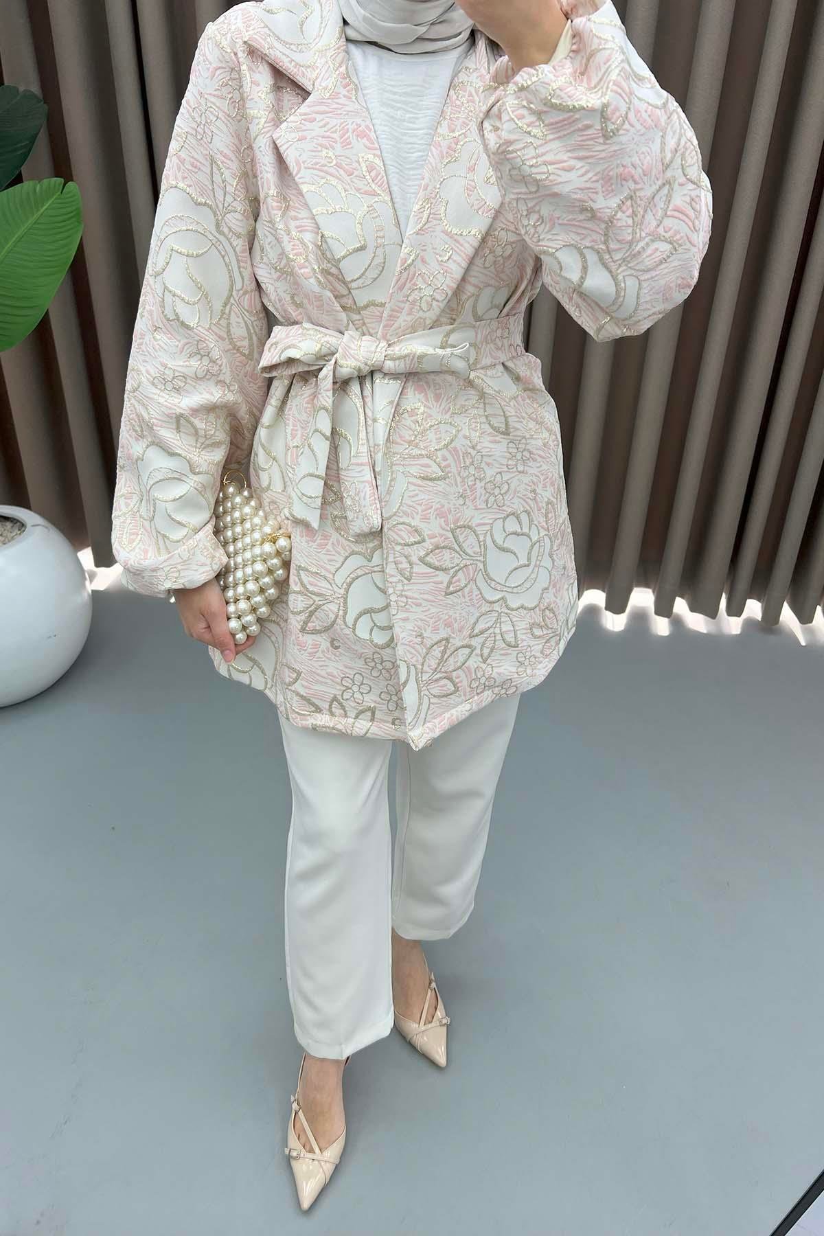 Çiçek Simli Kimono Pembe