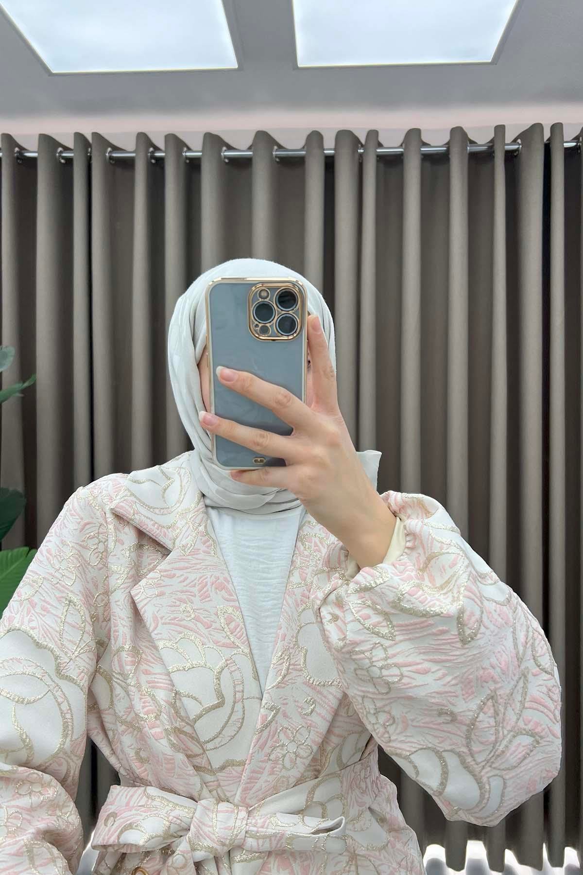 Çiçek Simli Kimono Pembe