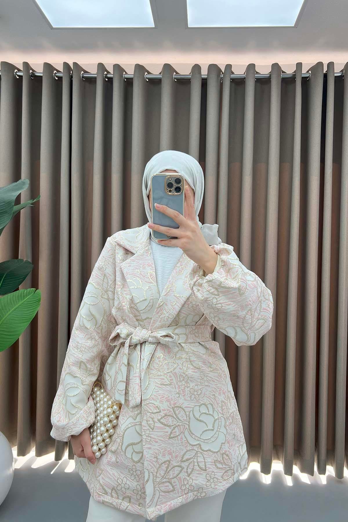 Çiçek Simli Kimono Pembe