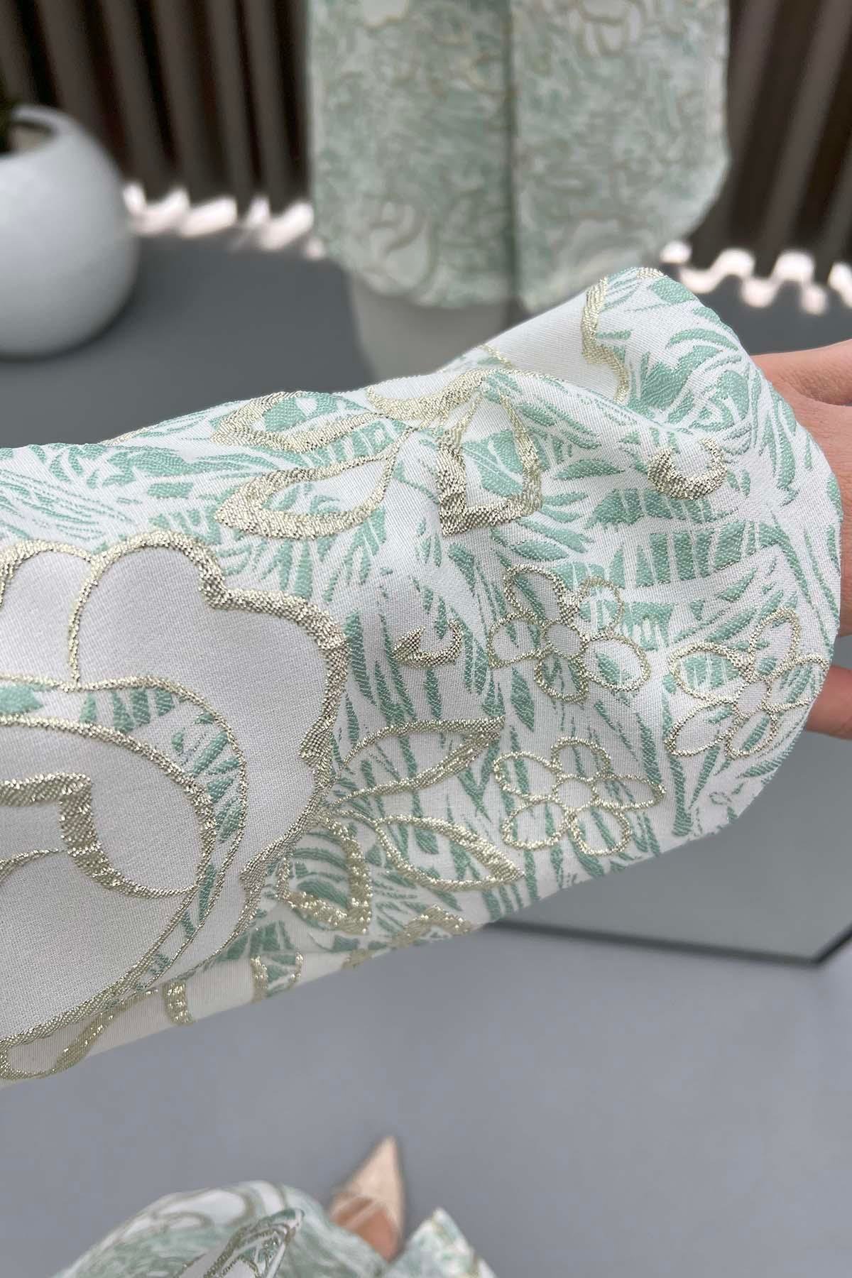 Çiçek Simli Kimono Su Yeşili