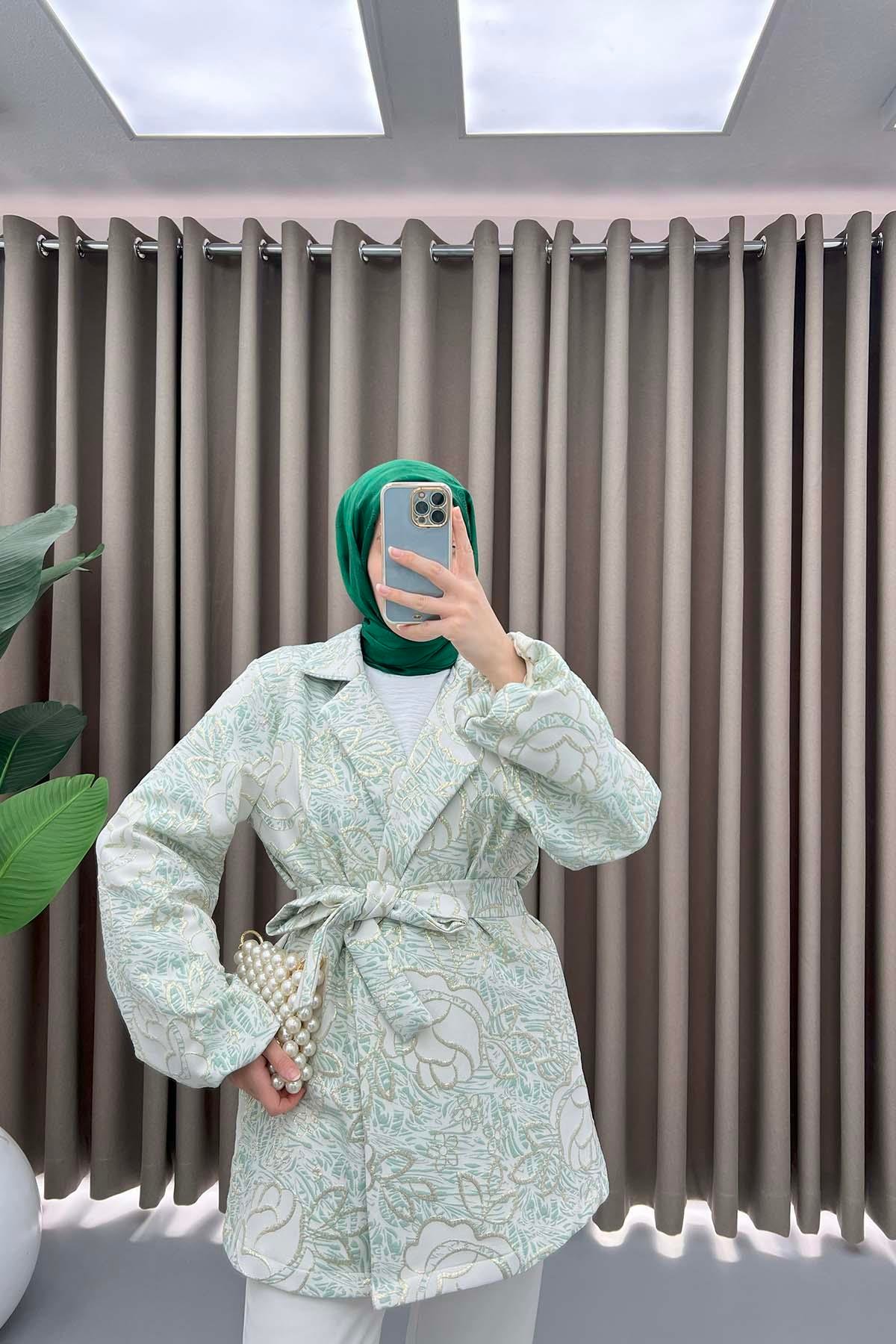 Çiçek Simli Kimono Su Yeşili