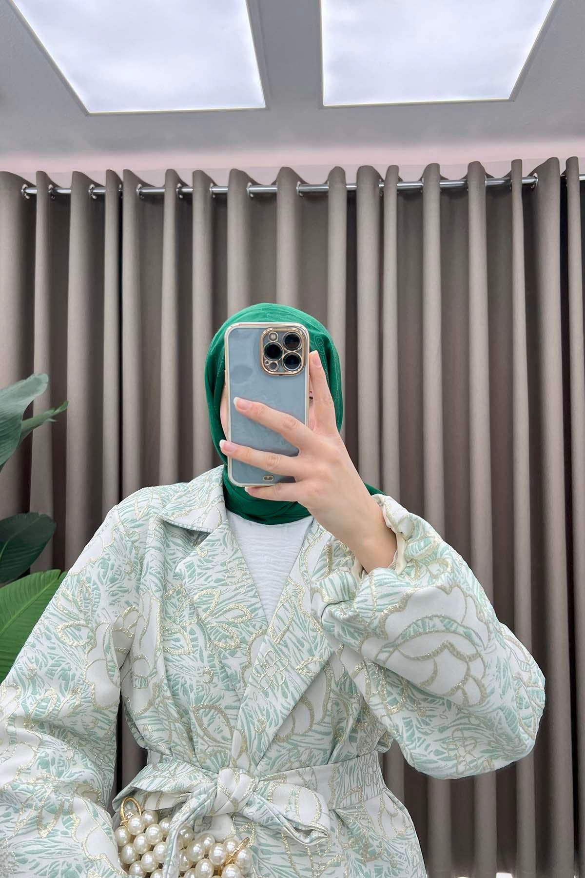 Çiçek Simli Kimono Su Yeşili
