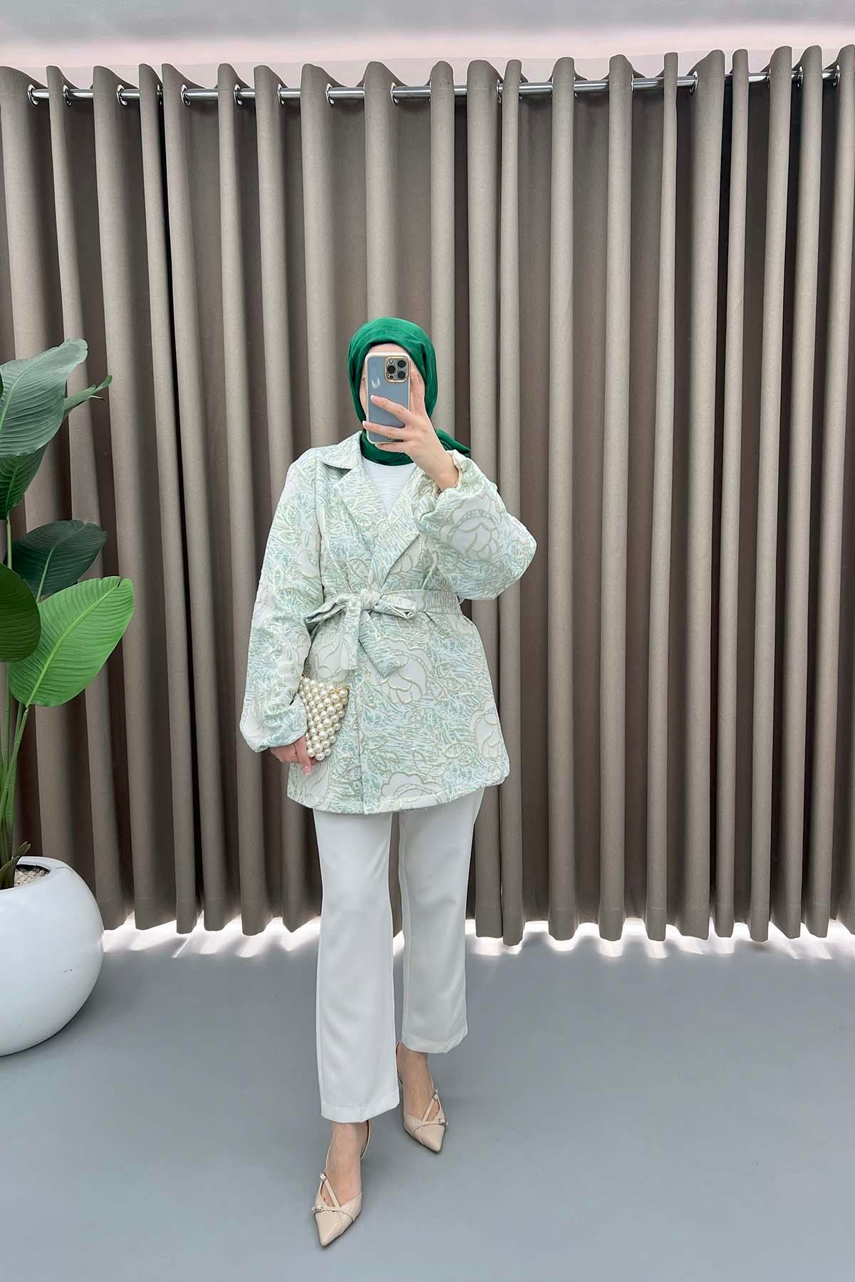 Çiçek Simli Kimono Su Yeşili