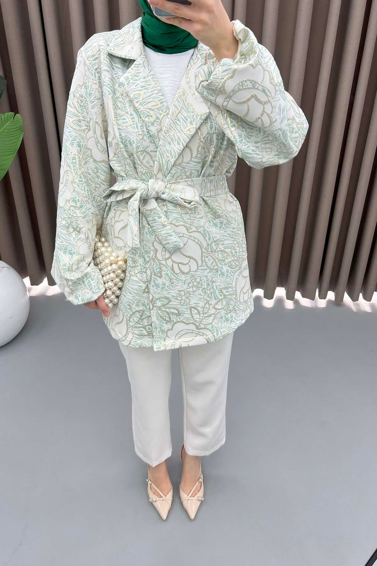 Çiçek Simli Kimono Su Yeşili