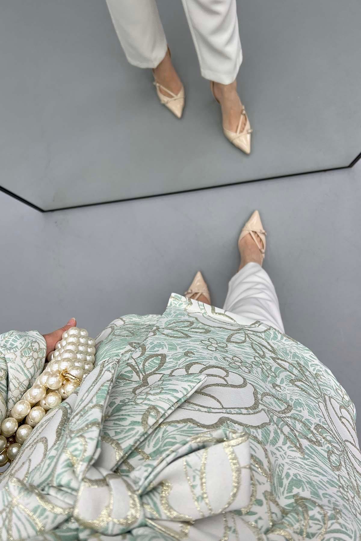 Çiçek Simli Kimono Su Yeşili