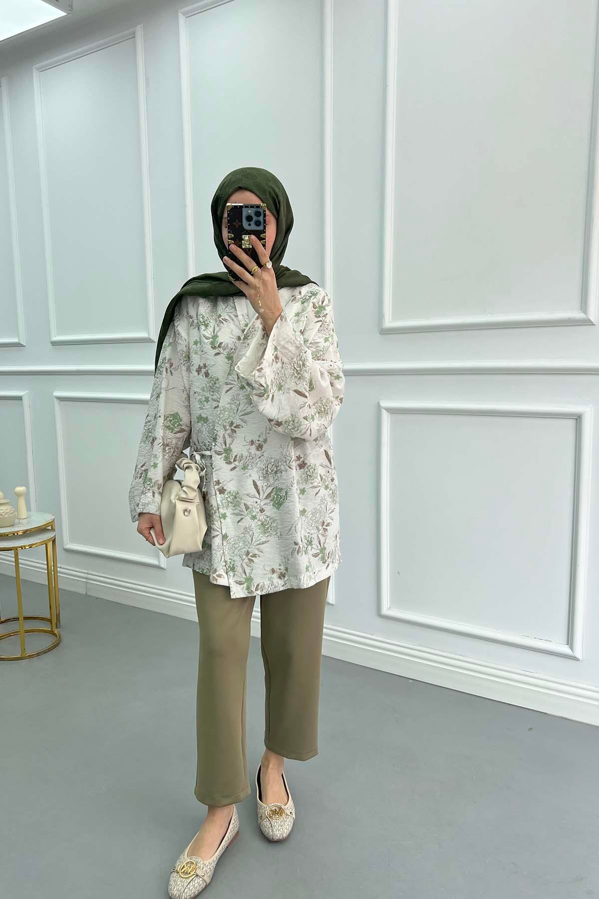 Çiçekli Bağlamalı Kimono Yeşil