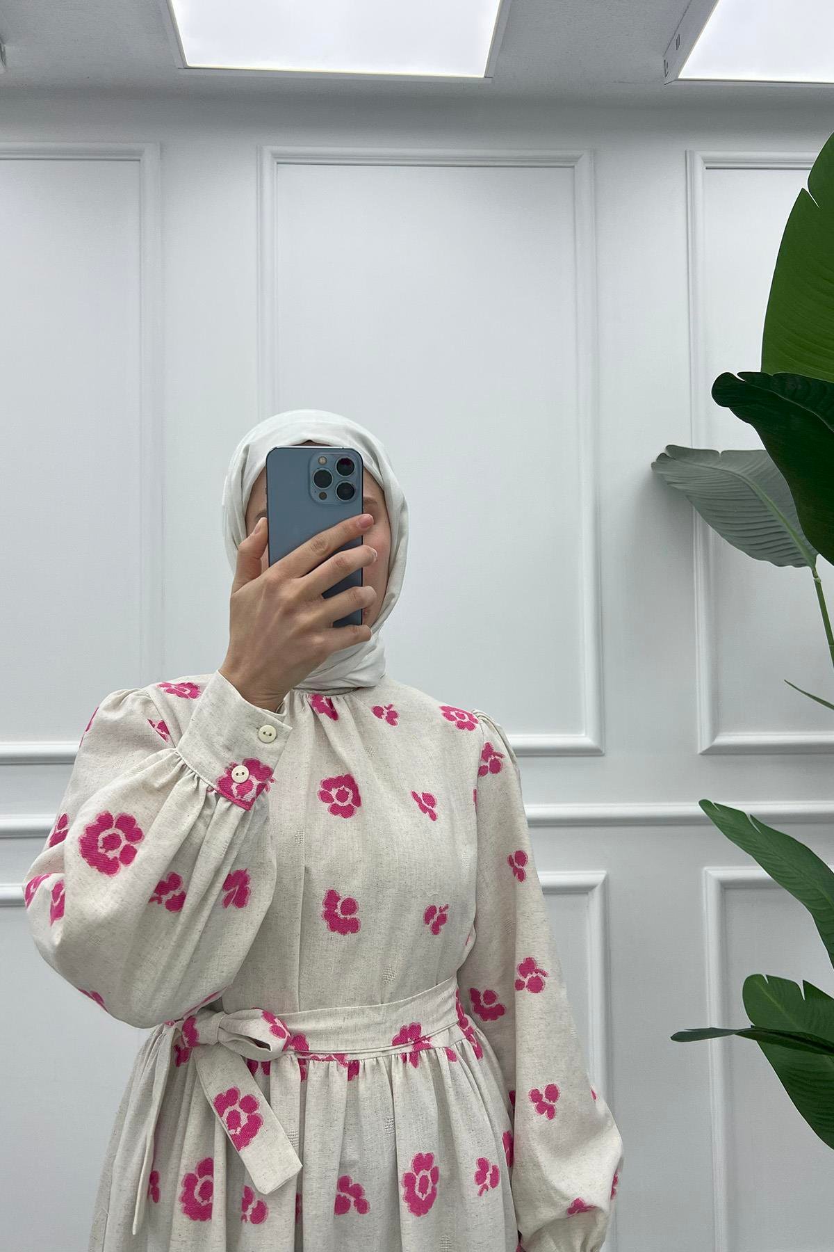Çiçekli Keten Elbise Pembe