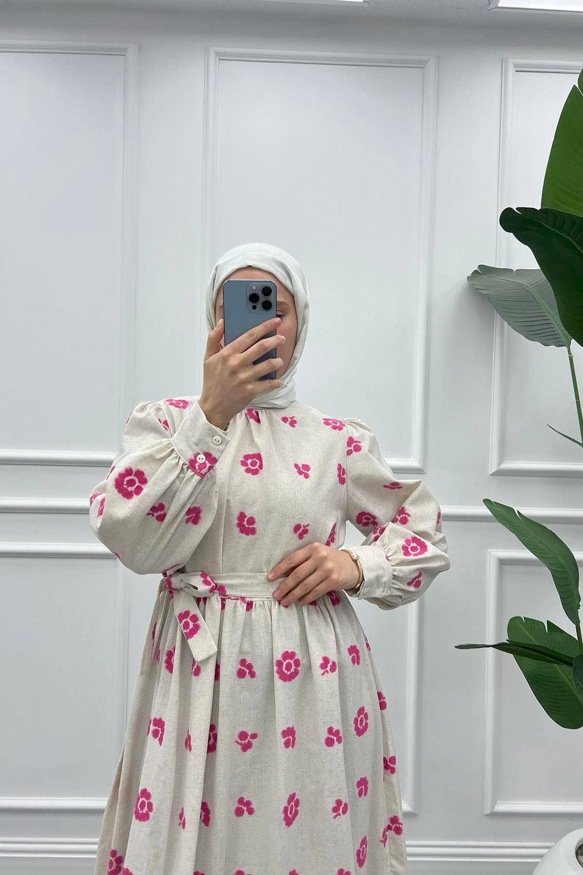 Çiçekli Keten Elbise Pembe