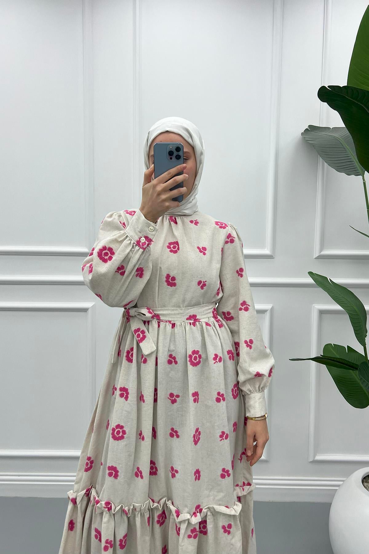 Çiçekli Keten Elbise Pembe