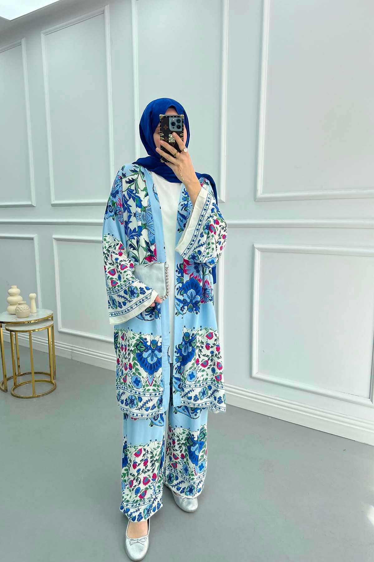 Çiçekli Kimono Takım Lacivert