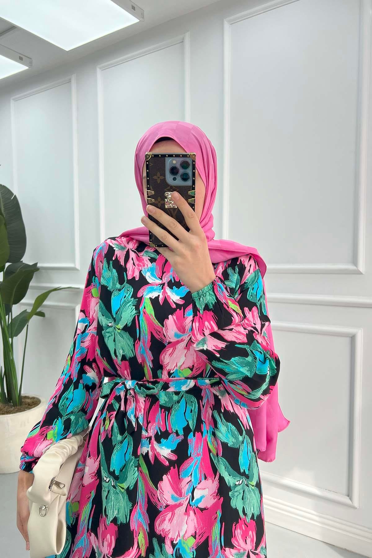Çiçekli Viskon Elbise Pembe