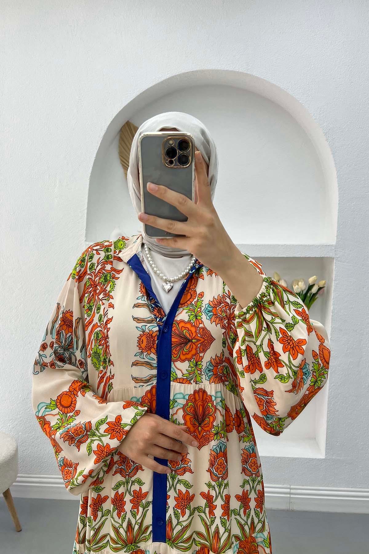 Çiçekli Viskon Elbise Turuncu