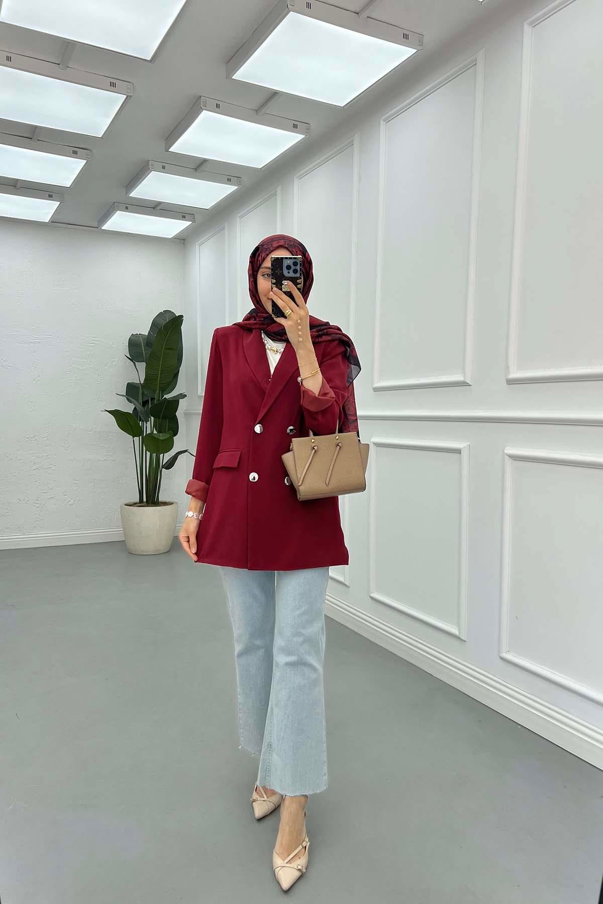 Çift Düğmeli Astarlı Ceket Bordo
